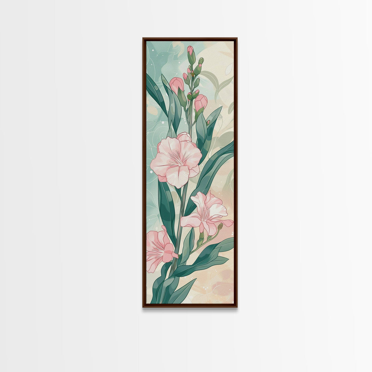 Skinny Art Pink Oleander Flowers In Japanese Style Wood Block Print Elegant Pastel Hues On Framed Canvas Print, Tall Art Ukiyo-e