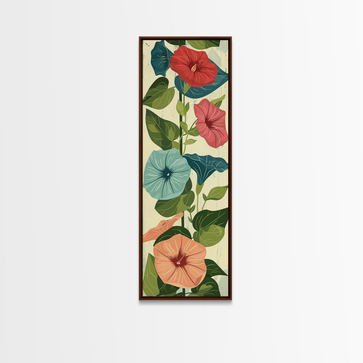 Morning Glory Flowers In Vibrant Red And Blue Shades Tall Art Skinny Art Framed Canvas Print Japanese Style Art Ukiyo-e Wood Block Print