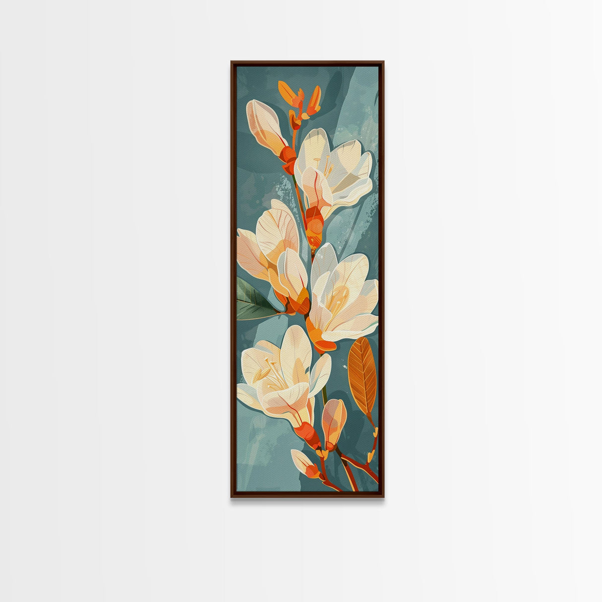 Light Cream Magnolia Blooms On Abstract Background Skinny Art Tall Art Framed Canvas Print Japanese Style Art Ukiyo-e Art Wood Block Print Delicate Decorative