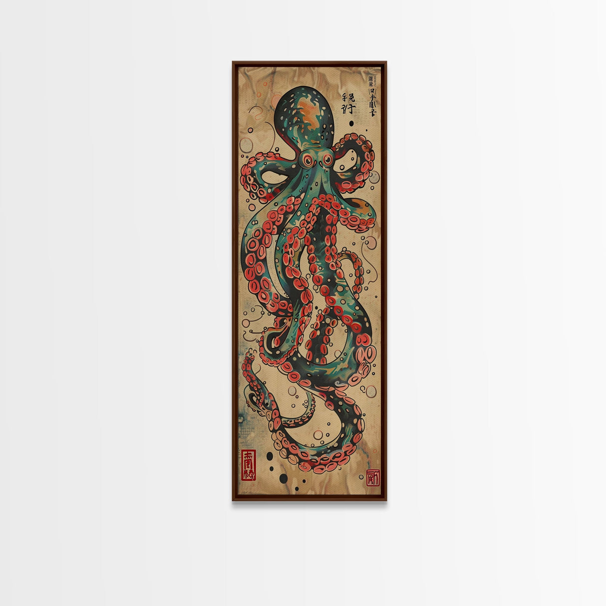 Vintage Canvas Print With Vibrant Octopus Design Ukiyo-e Wall Art Wood Block Print Tall Art Japanese Style Skinny Art