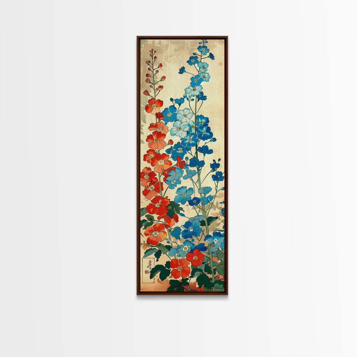 Delphinium Flowers Japanese Garden Art In Traditional Ukiyo-e Style Framed Canvas Print Tall Skinny Wood Block Floral Wall Decor