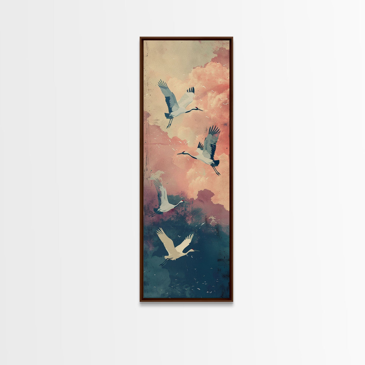 Ukiyo-e Art, Tall Art, Skinny Art, Japanese Style Art, Cranes In Flight Wood Block Print Framed Canvas Print