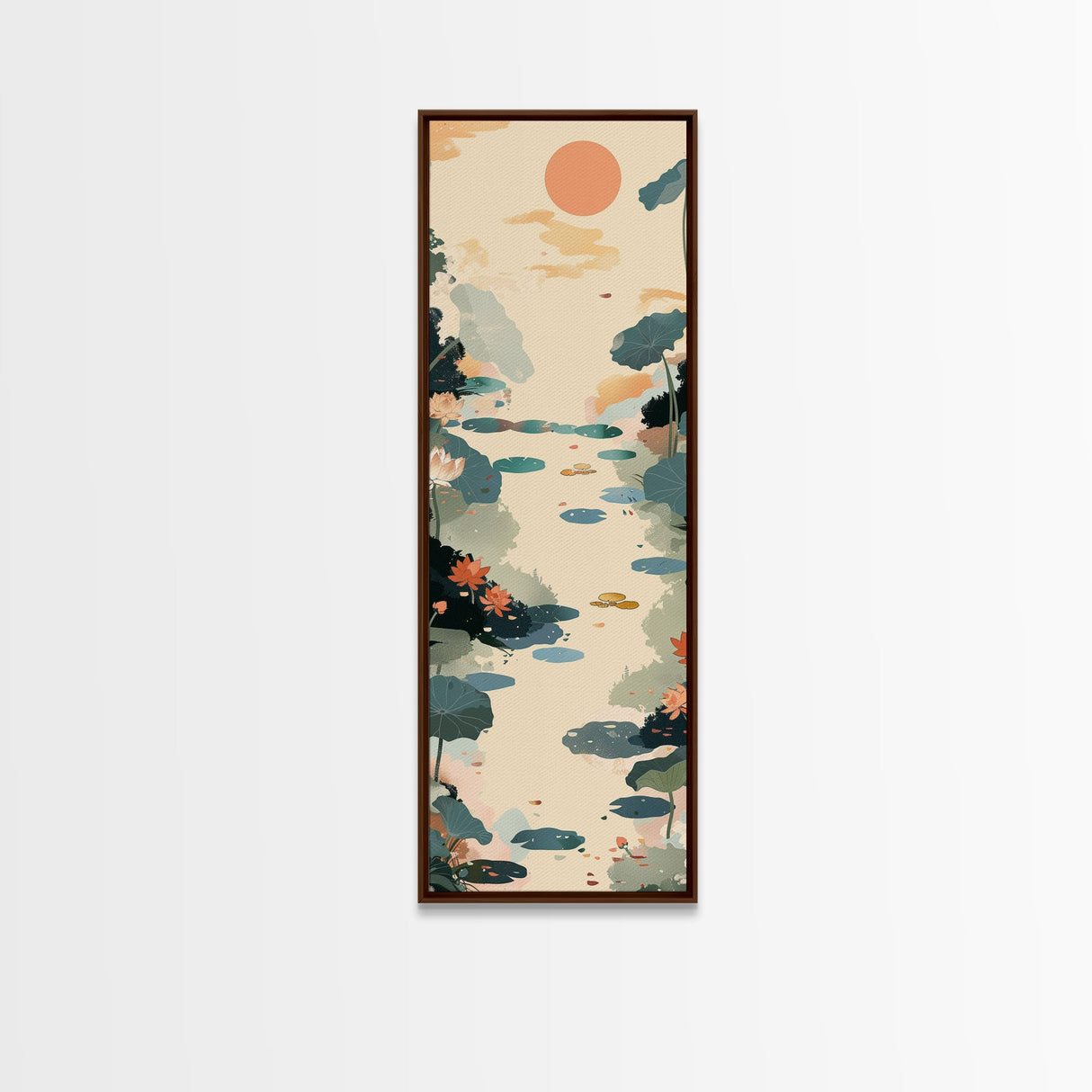 Tranquil Pond With Lotus Flowers And Leaves In Japanese Style Ukiyo-e Art Framed Canvas Print Skinny Art Tall Art