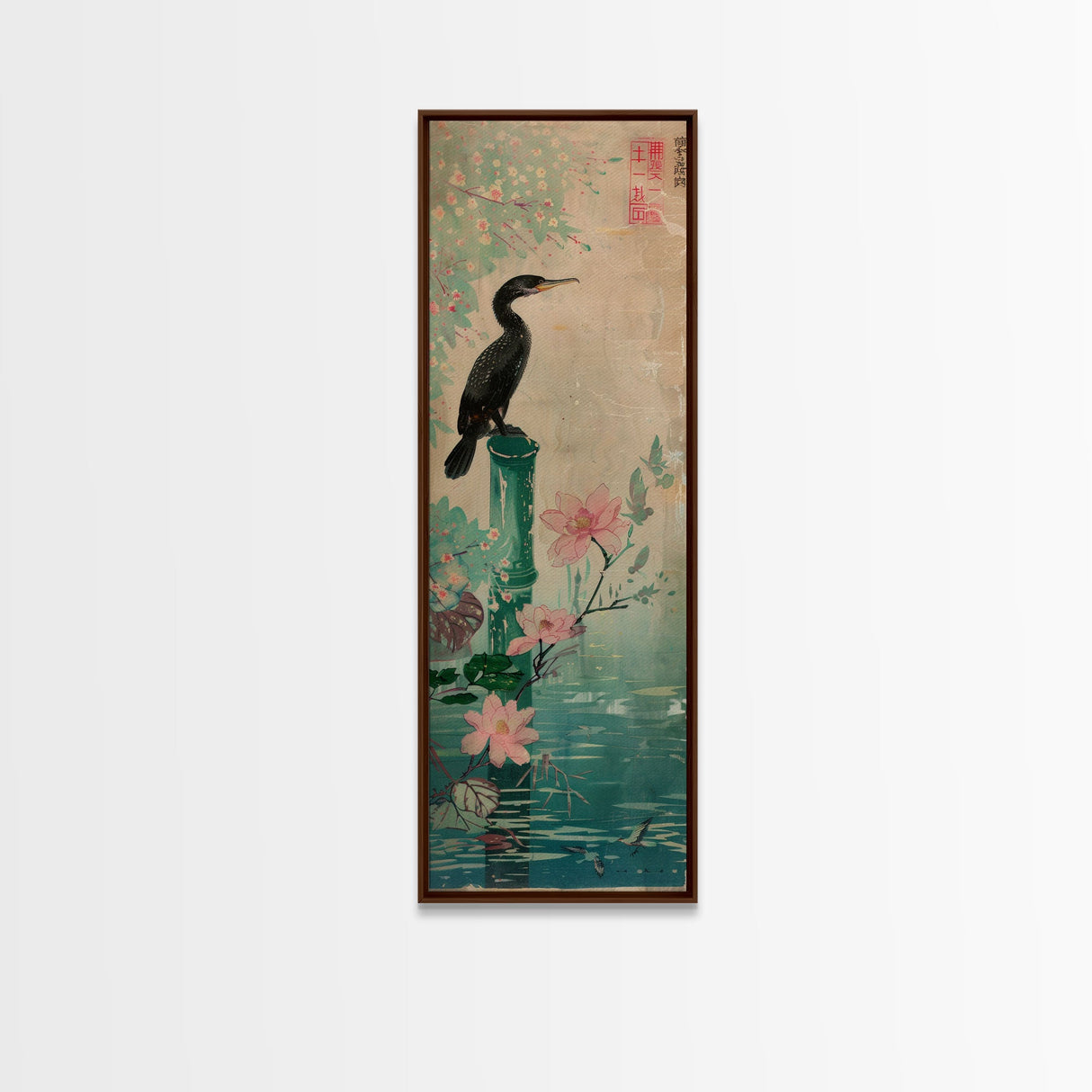 Tall Skinny Art Japanese Style Wood Block Print Bird Perched On Bamboo By A Pond With Flowers In Ukiyo-e Style For Framed Canvas Print