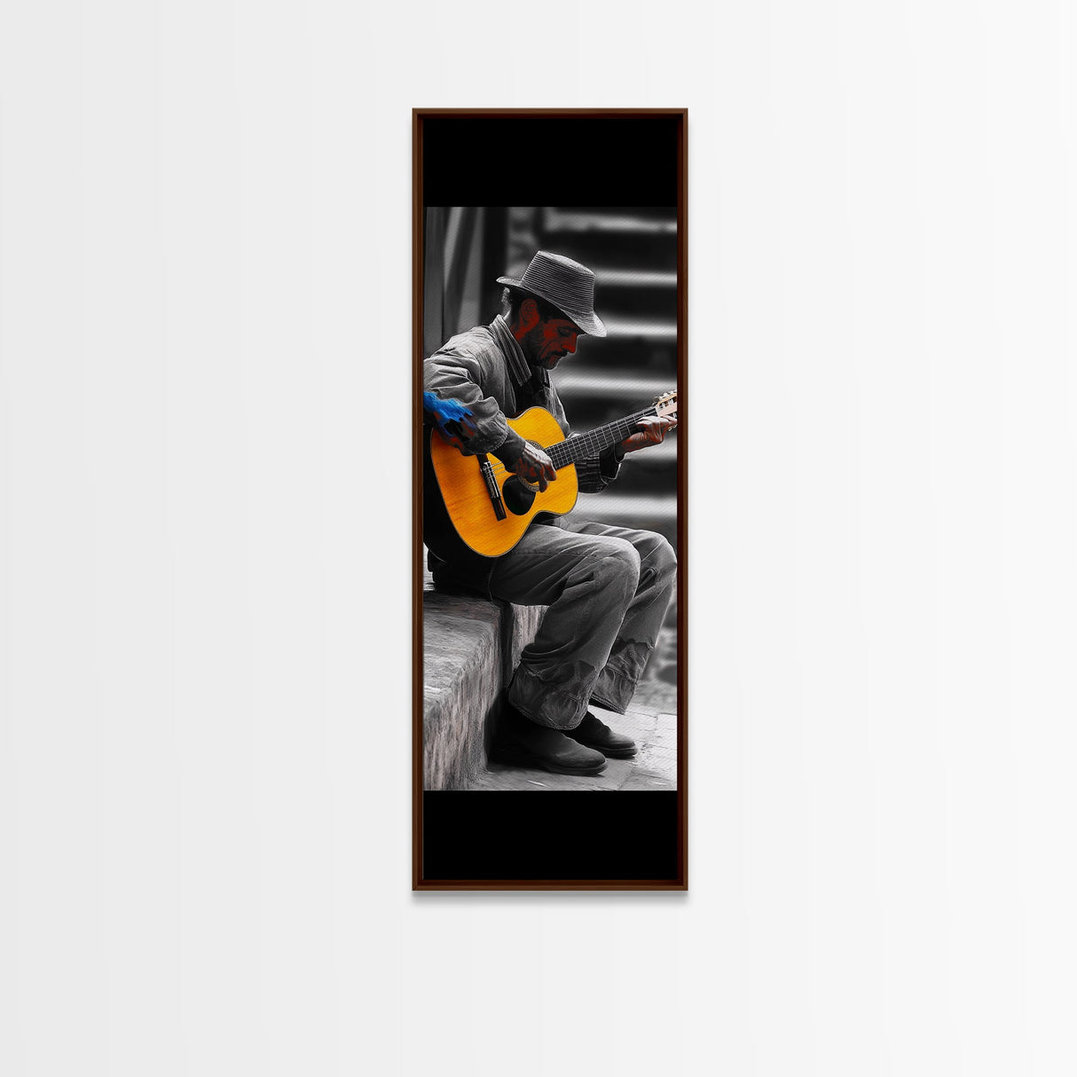 Street Musician with Guitar Framed Canvas Print | Moody Urban Wall Art | Rustic Decor | Music Art | Farmhouse Wall Art | Gift Idea