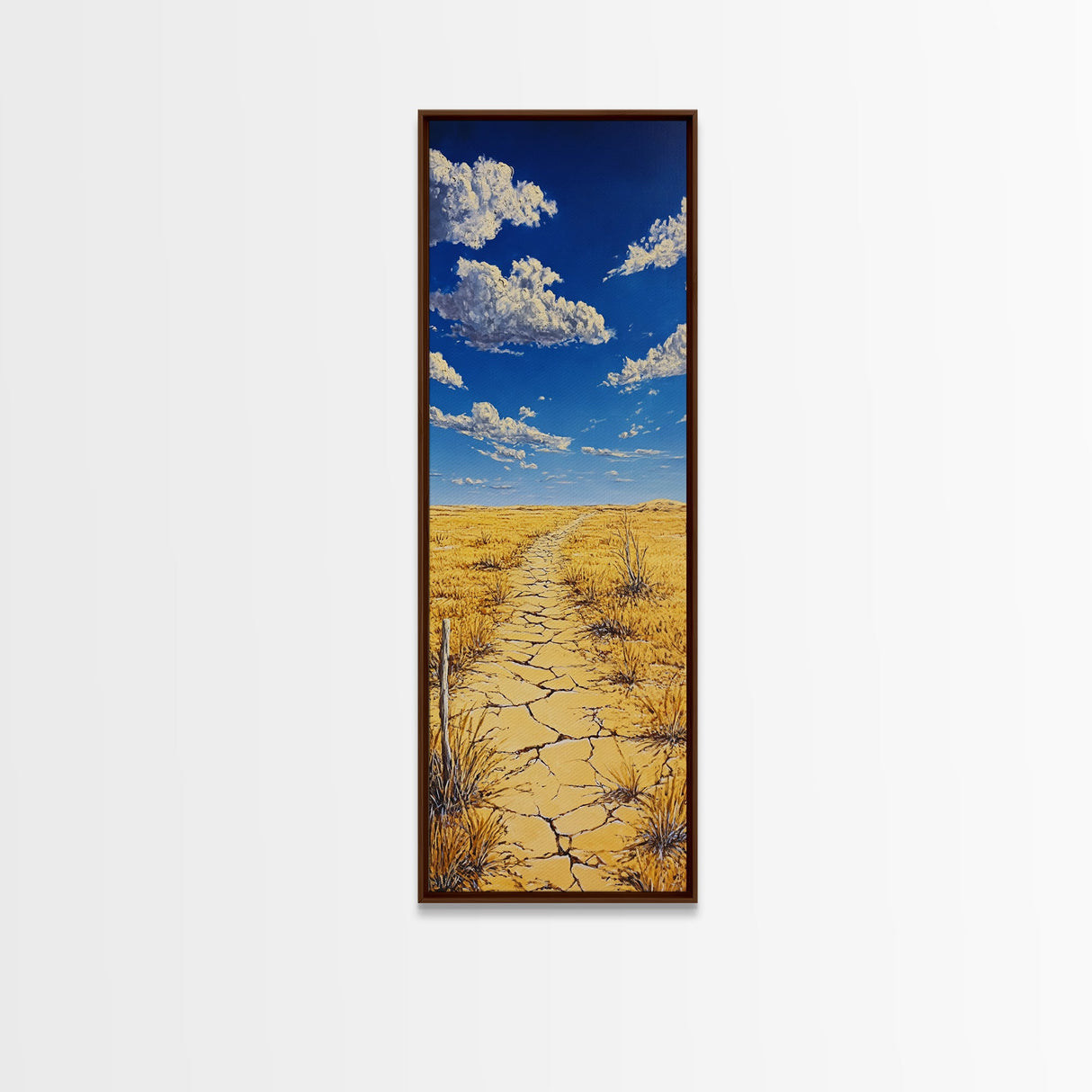 Golden Prairie Trail Framed Canvas Print rustic wall art, southwest wall art, landscape painting, farmhouse art, extra wide art, panoramic painting, above sofa art, wabi sabi art, Joshua tree art