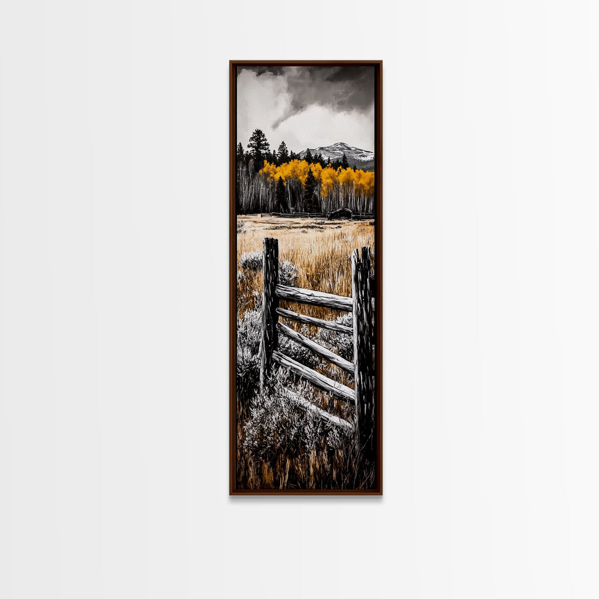 Rustic Mountain Fence Framed Canvas Print, Birch Tree Art, Fall Landscape Painting, Moody Art, Farmhouse Art, Above Sofa Art