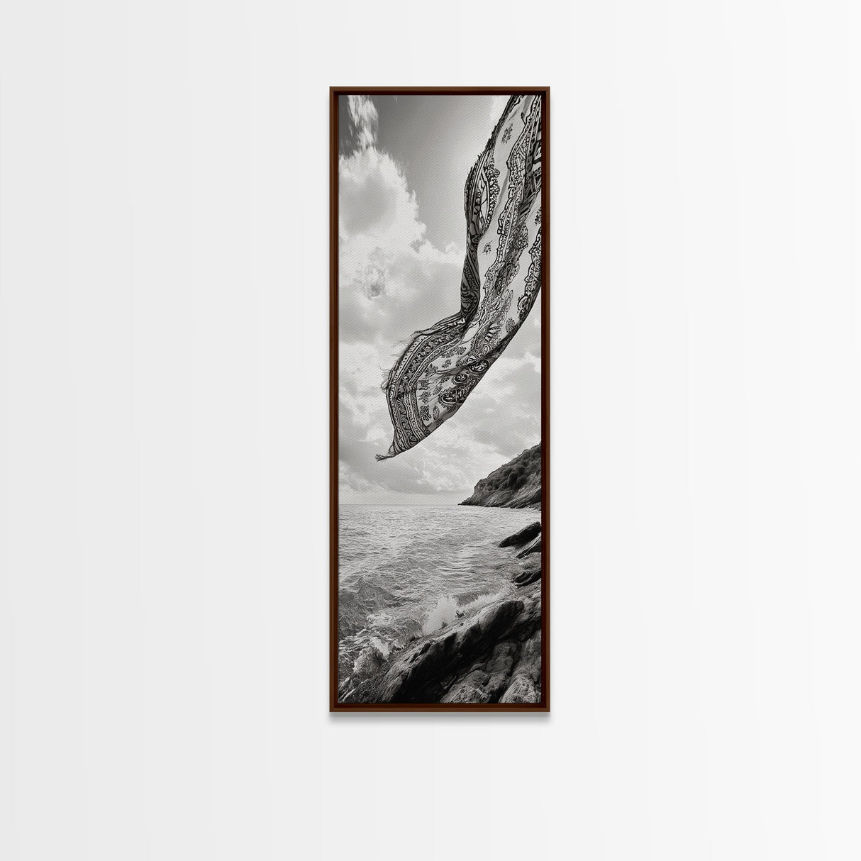 Flowing Fabric Over Ocean, Framed Canvas Print, wabi sabi art, coastal decor, boho art, minimalist art, above couch art, panoramic painting