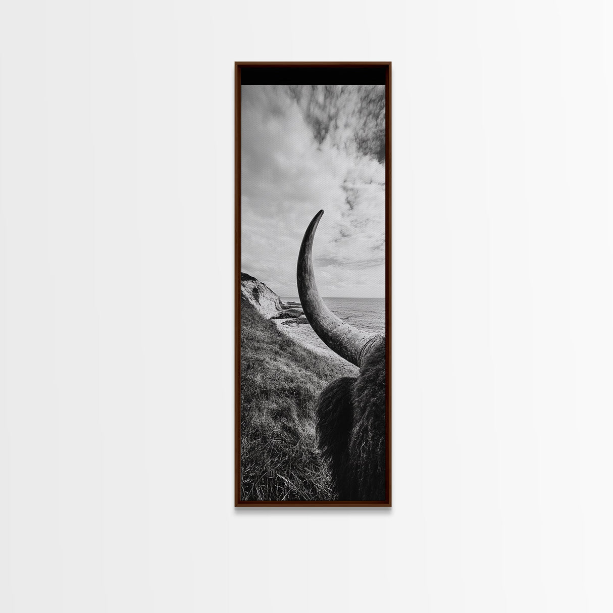 Highland Bull, Coastal Landscape, Framed Canvas Print, rustic decor, mountain painting, farmhouse art, moody art, wabi sabi wall art