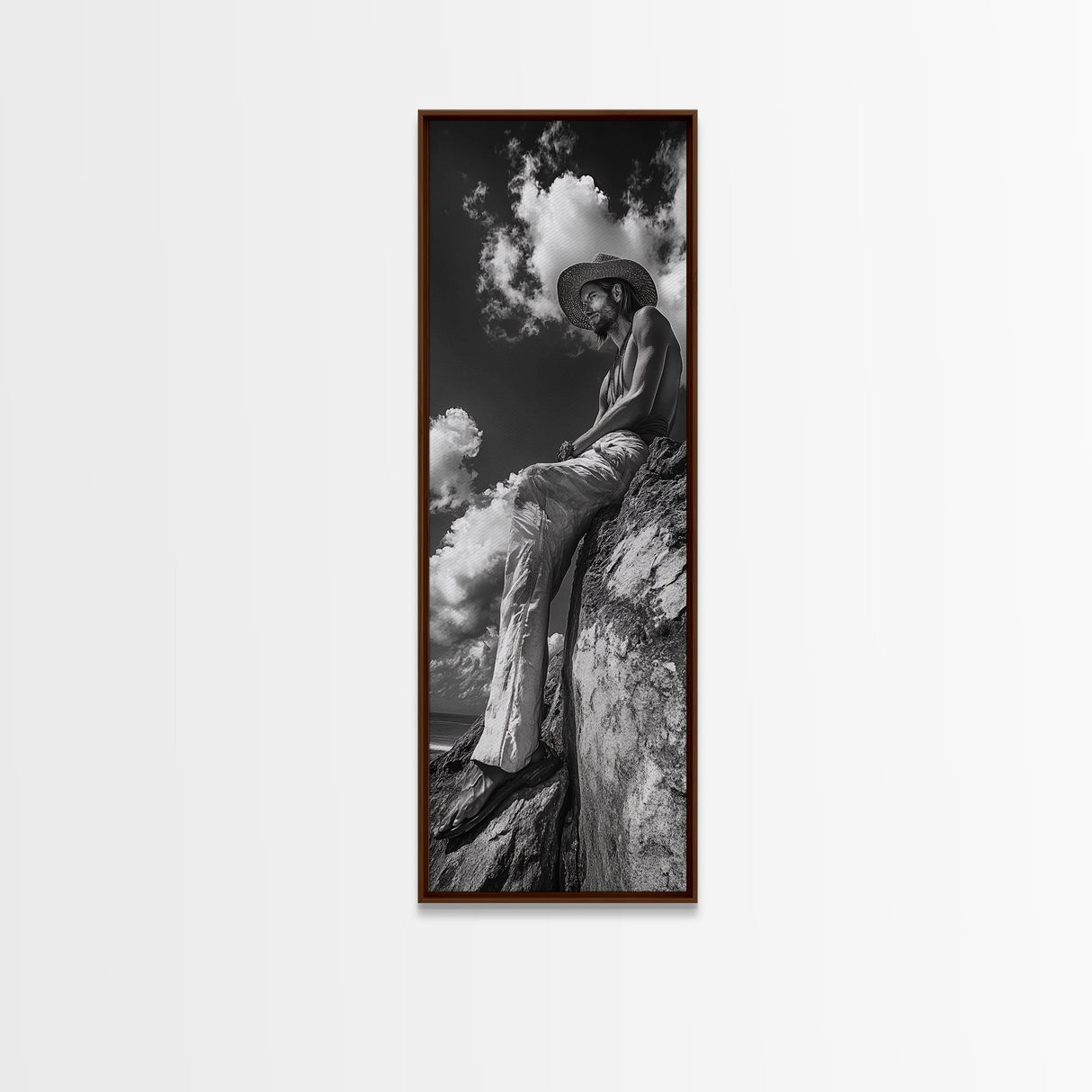 Bohemian Man, Clifftop Reflection, Framed Canvas Print, Coastal Cowgirl Wall Art, Rustic Décor, Boho Art, Minimalist Art