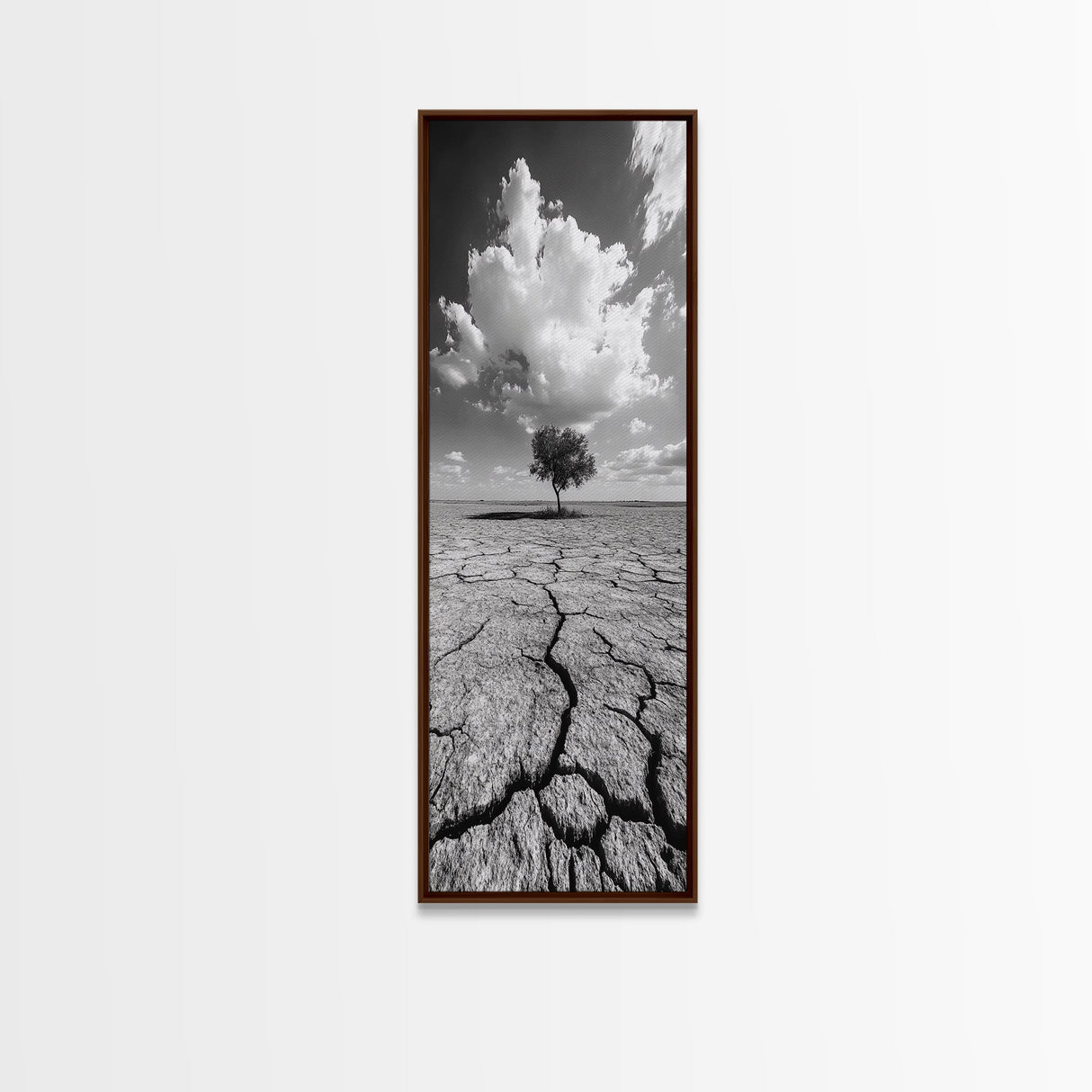 Lone Tree, Cracked Earth, Framed Canvas Print, wabi sabi art, moody art, landscape painting, above bed wall art,minimalist art, extra wide art