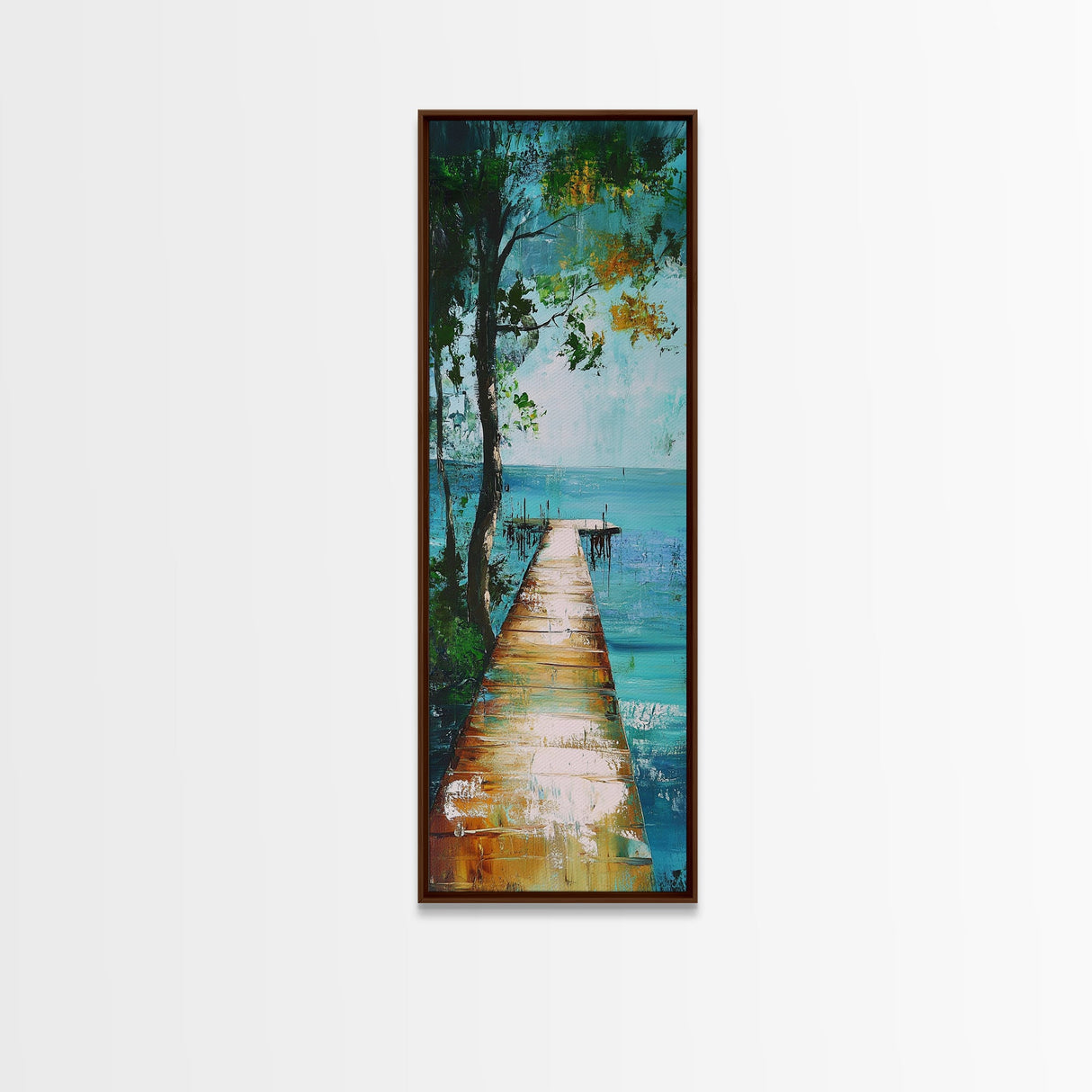 Tranquil Lake Dock Landscape Painting Framed Canvas Print | Coastal Landscape Art | Nautical Wall Art | Lake Tahoe Art | Ocean Decor