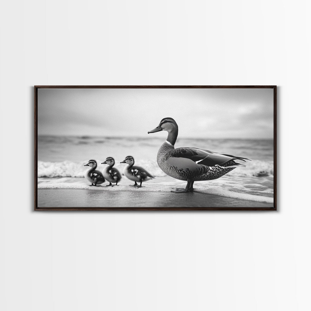 Duck family, bird art, whimsical art, coastal decor, nature painting, extra wide art, panoramic art, above couch art, framed canvas print