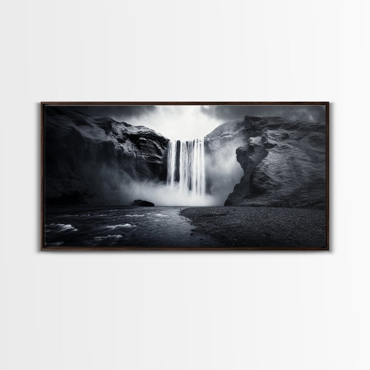 Powerful Waterfall Mist, nature wall art, moody art, mountain painting, black and white photography, dramatic landscape, framed canvas print