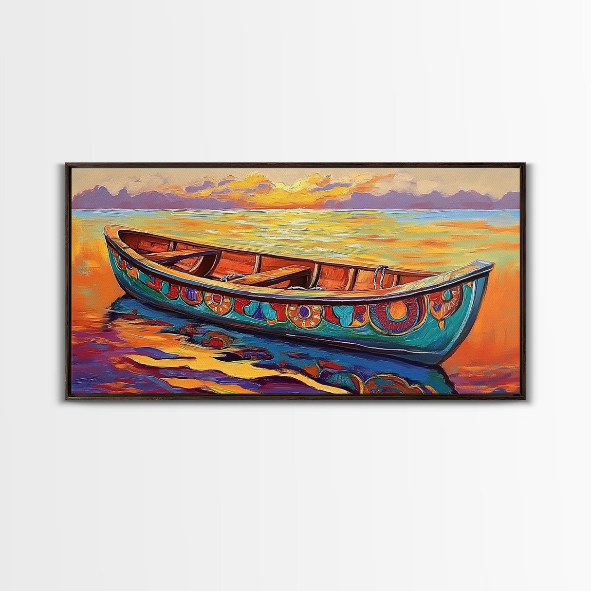 Sunset Canoe, seascape painting, coastal painting, nautical wall art, above sofa art, ocean decor, bright colors, Canvas Print
