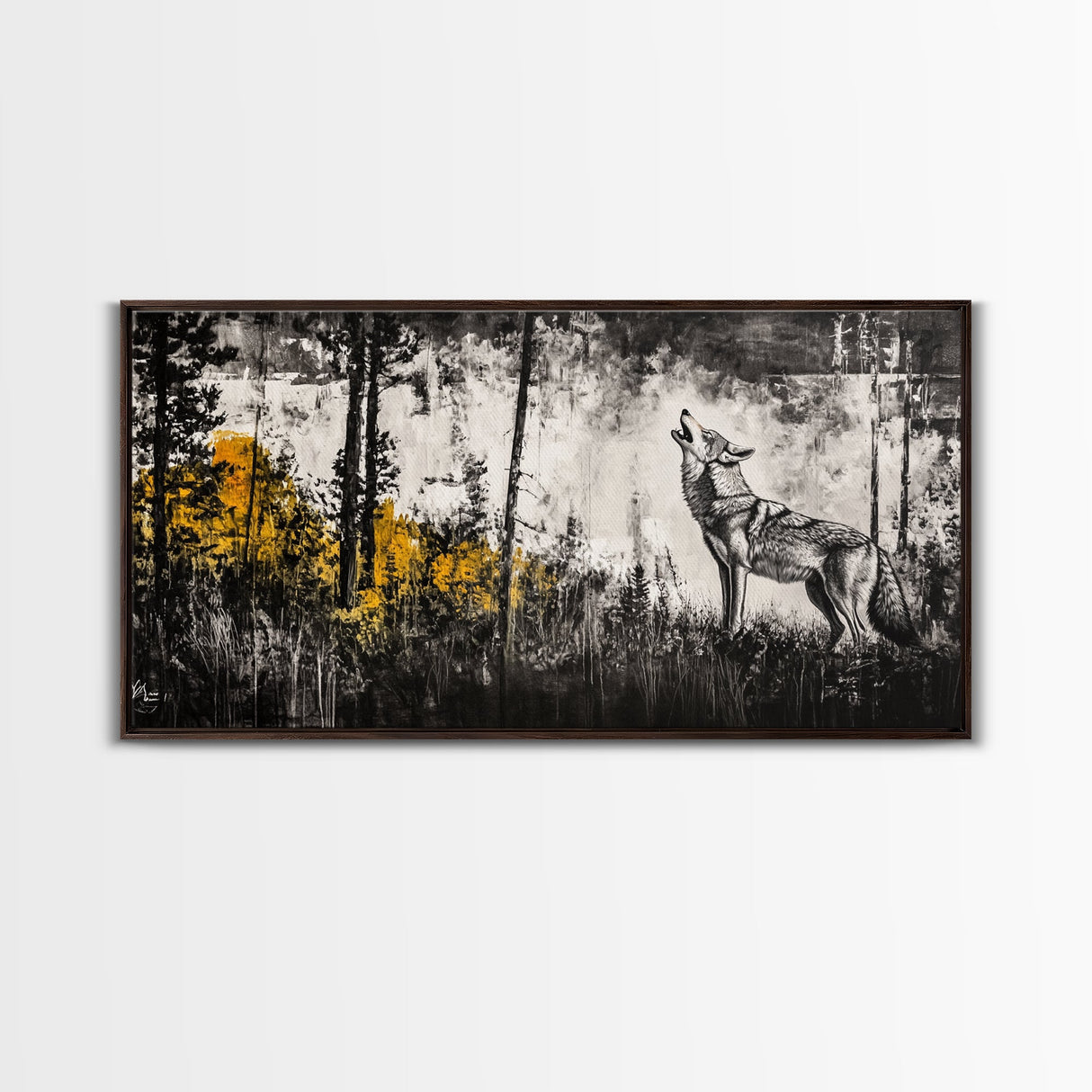 Howling Wolf, moody art, pine tree art, rustic wall art, forest at dusk painting, extra wide art, framed canvas print, southwestern art
