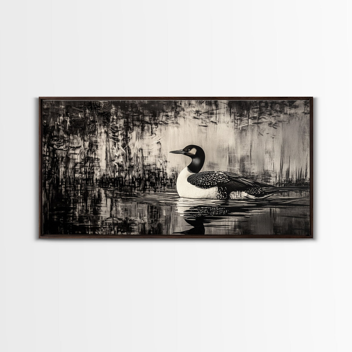 Loon Bird Art, Black and White Painting, Wildlife Wall Art, Rustic Decor, Framed Canvas Print, Lake House Art, Nature Lover Gift