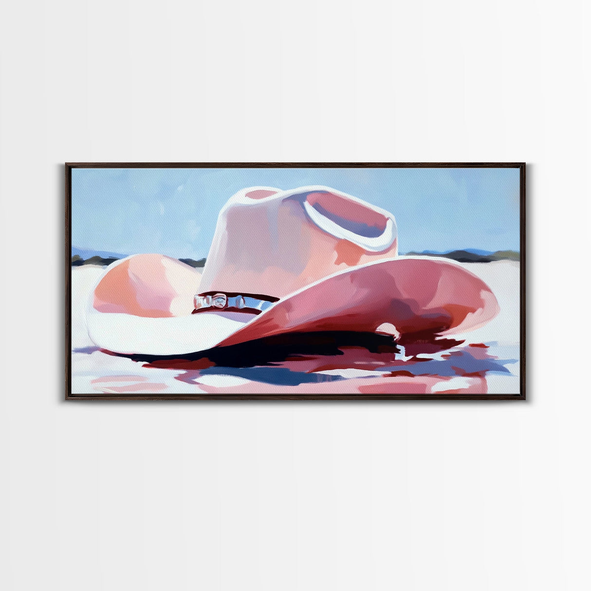 Cowboy Hat in Desert, western art, vintage cowgirl, rustic wall art, pink wall art, light pink wall art, framed canvas print