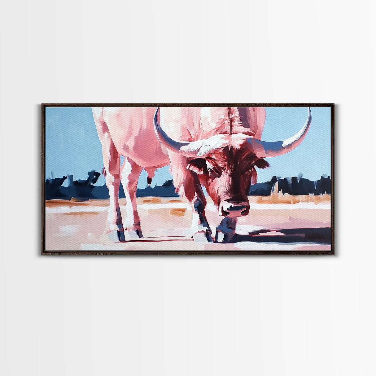 Texas Longhorn, rustic decor, bull and bear art, southwest wall art, pink orange wall art, extra wide art, framed canvas print