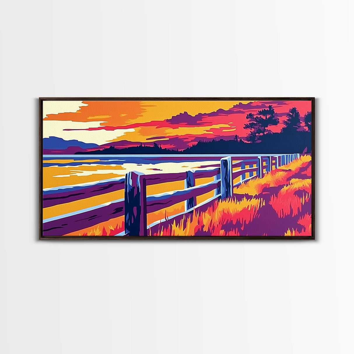 Western Fence, rustic wall art, landscape painting, panoramic art, extra wide art, farmhouse decor, scenic art, Framed Canvas Print, gift idea