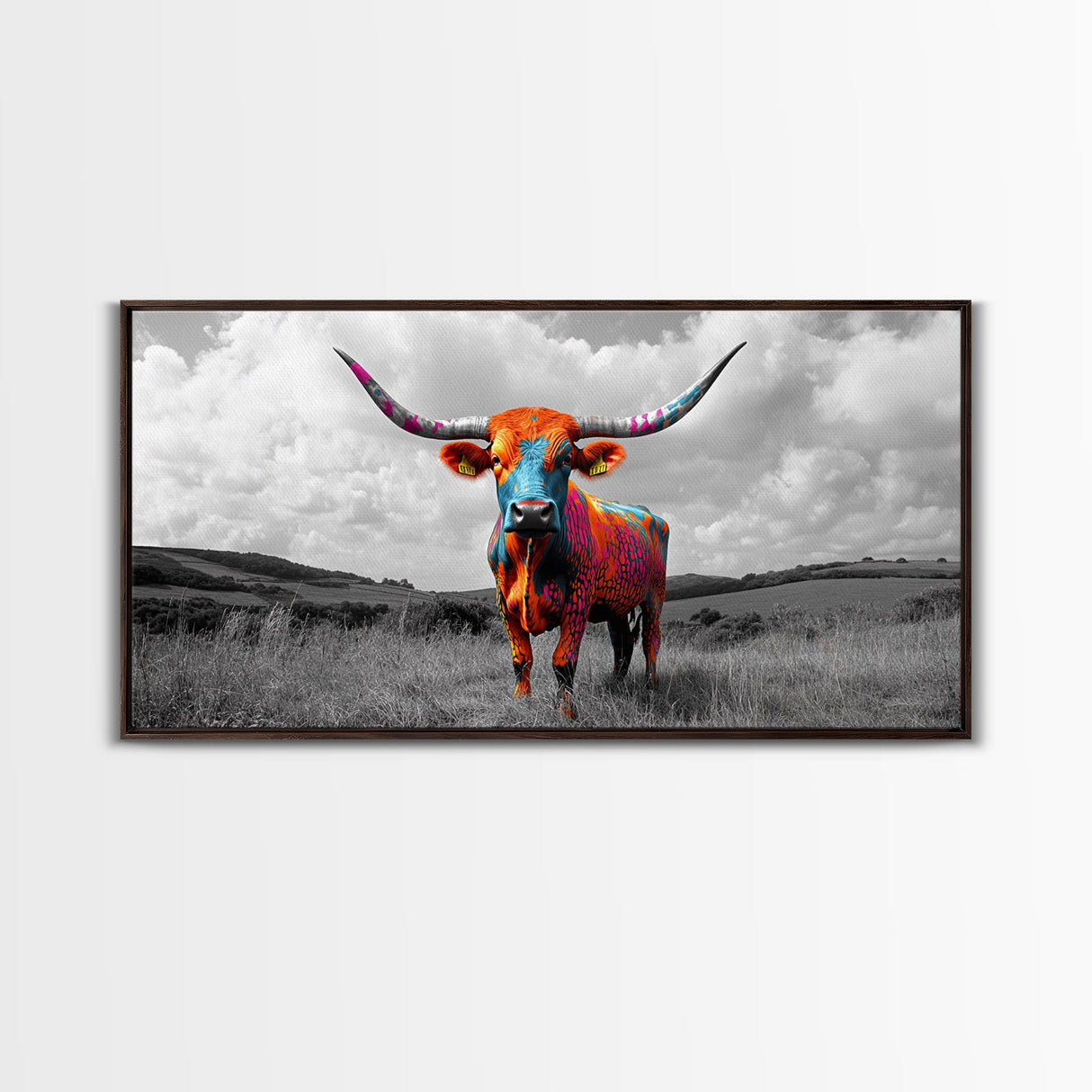 Psychedelic Longhorn Art Framed Canvas Print Vibrant Whimsical Art Southwest Wall Art Gift Idea Above Bed Art Rustic Decor