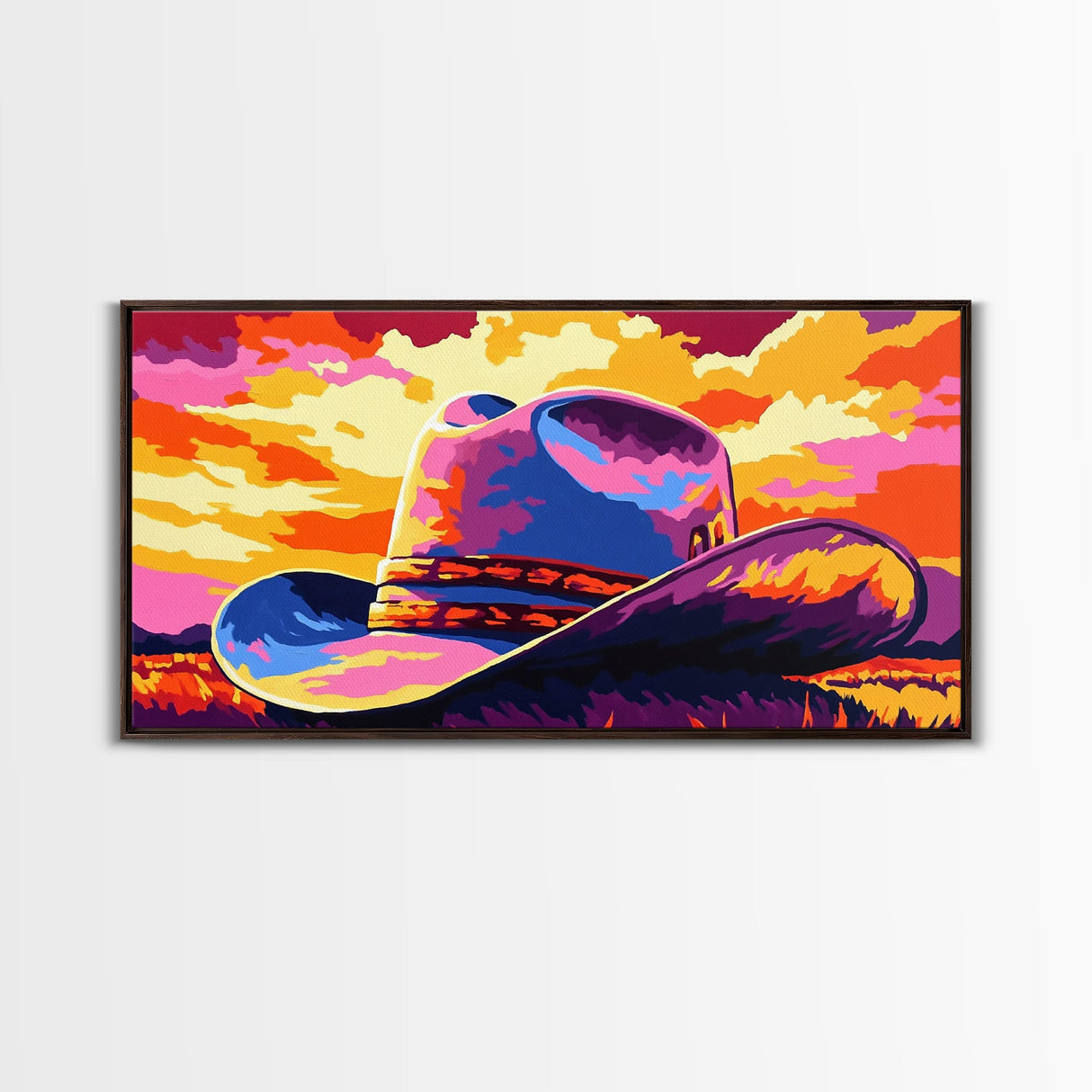 Cowboy hat, western decor, rustic style, bold colors, country aesthetic, southwest wall art, moody sunset, framed canvas print