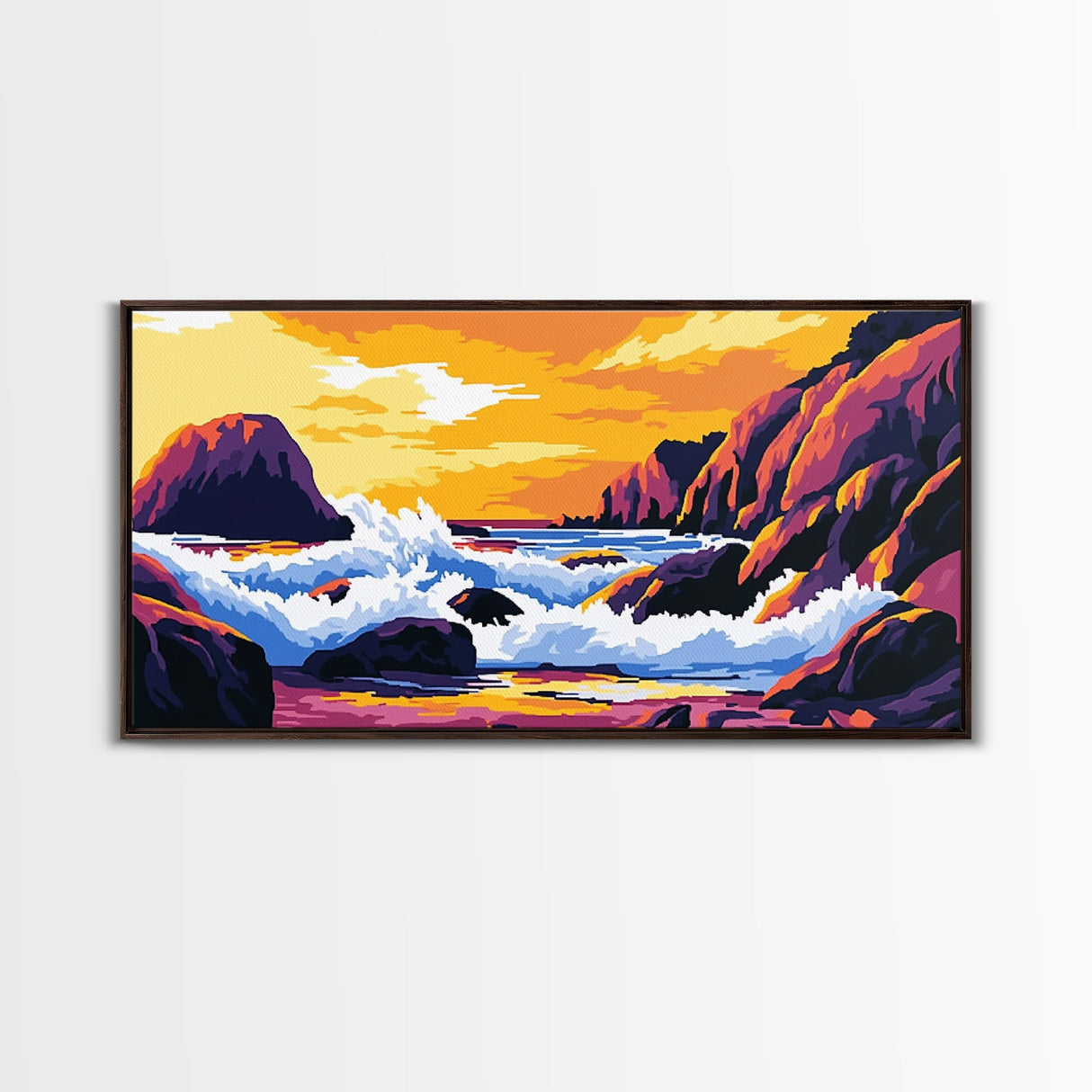 Ocean waves, coastal decor, rocky seascape, beach sunset, nautical wall art, panoramic art, coastal painting, framed canvas print