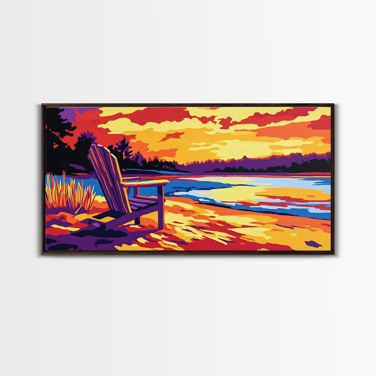 Adirondack chair, lake view, relaxing sunset, cabin art, rustic landscape, extra wide art, nature lover decor, canvas print