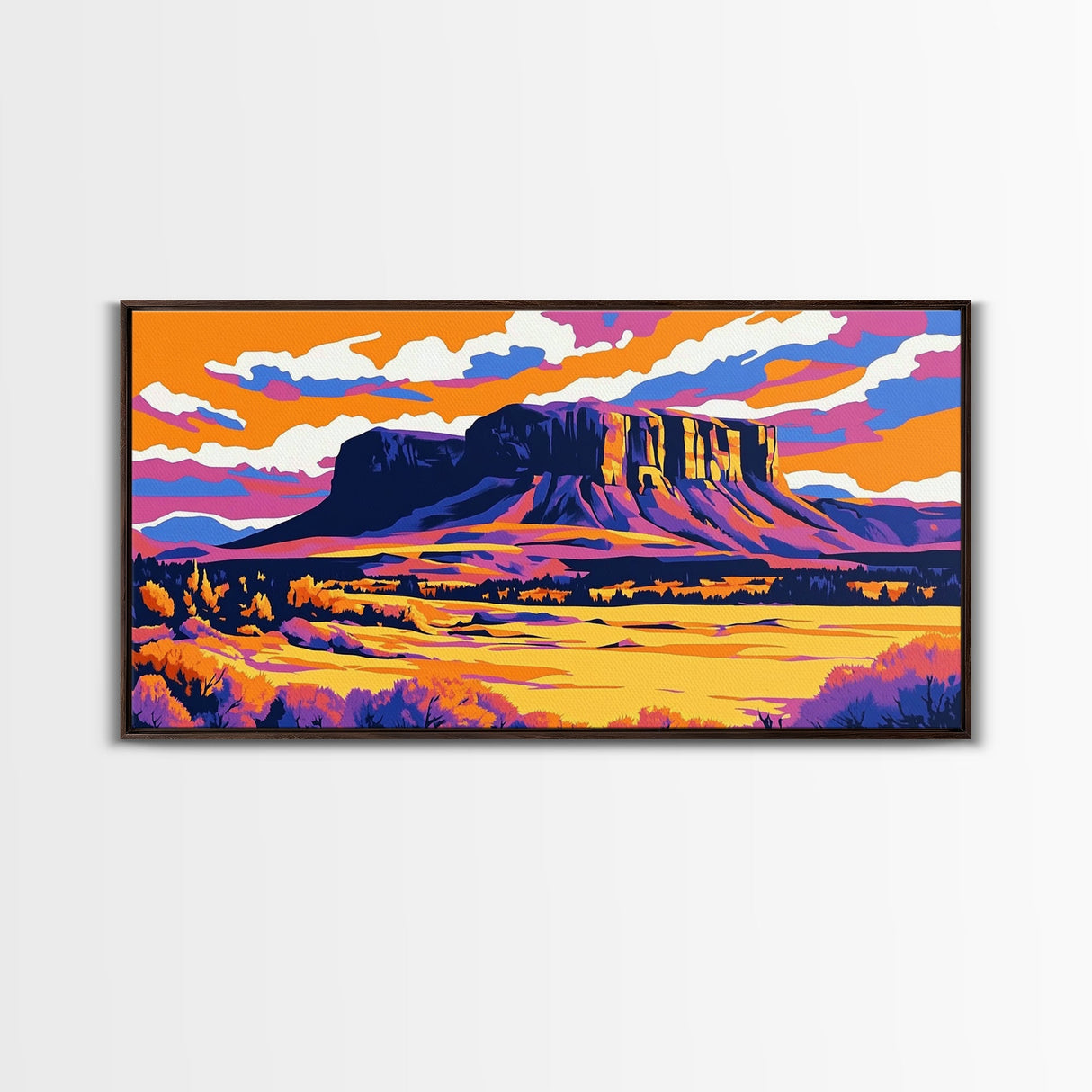 Mesa, desert sunset, southwest decor, extra wide wall art, western landscape painting, panoramic painting, framed canvas print