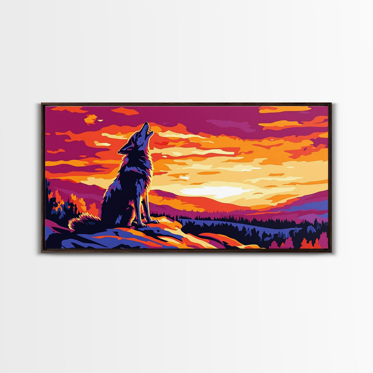 Howling Wolf, mountain painting, pine tree art, rustic decor, panoramic painting, southwest wall art, landscape painting, Canvas Print, gift
