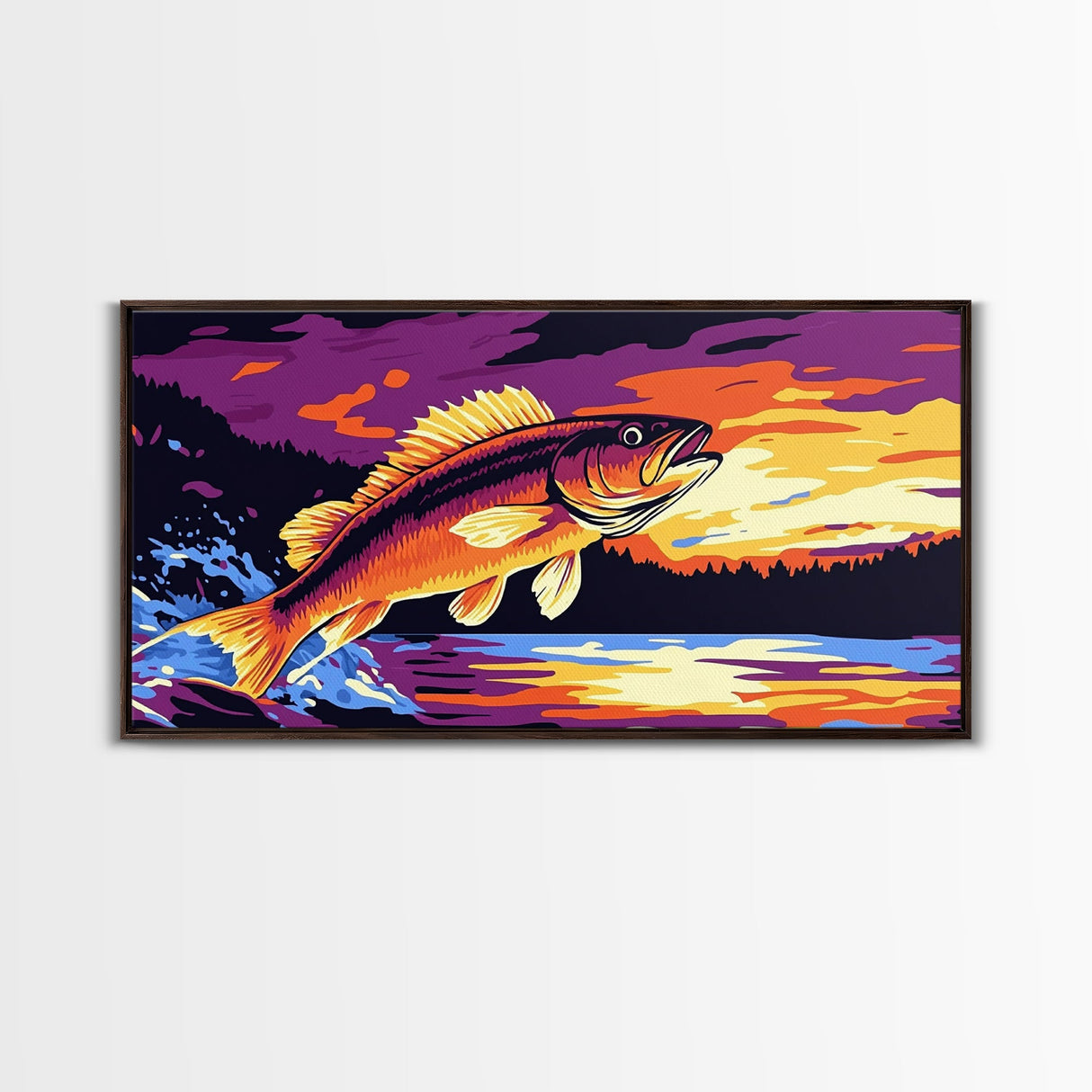 Jumping Bass, Fly Fishing Art, Rustic Decor, Horizontal Wall Art, Landscape Painting, Framed Canvas Print, Above Couch Art, Nautical Decor