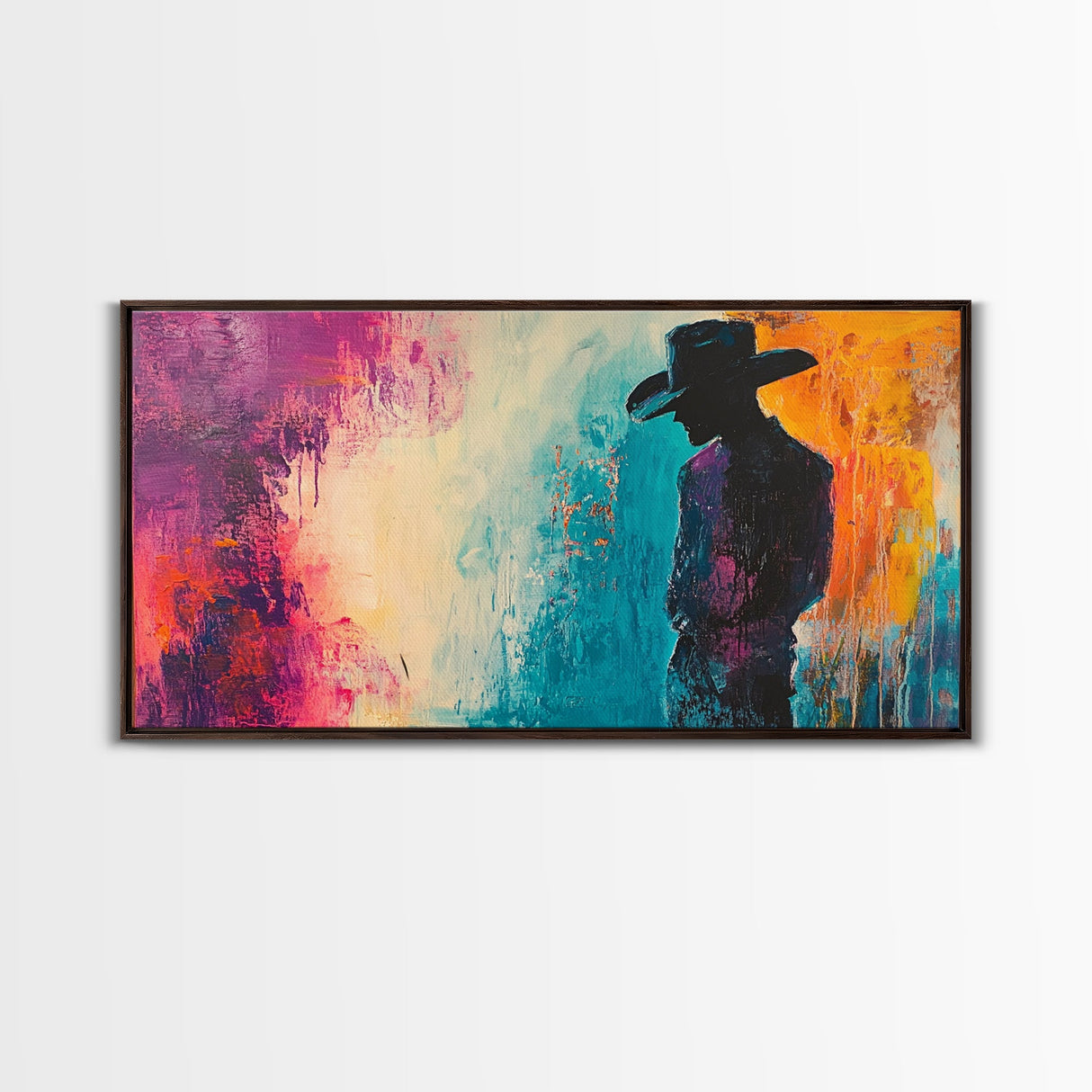 Silhouette Cowboy Art, rustic wall art, western painting, moody art, cowboy painting, extra wide art, farmhouse decor, canvas print, gift idea