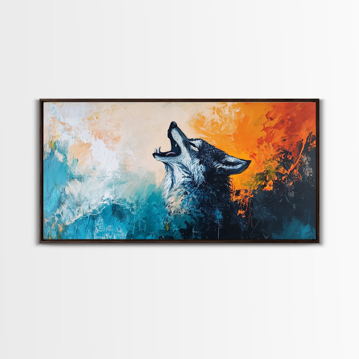 Howling Wolf Art, Framed Canvas Print, Southwest Wall Art, Moody Art, Rustic Decor, Extra Wide Art, Above Couch Art, Wildlife Painting
