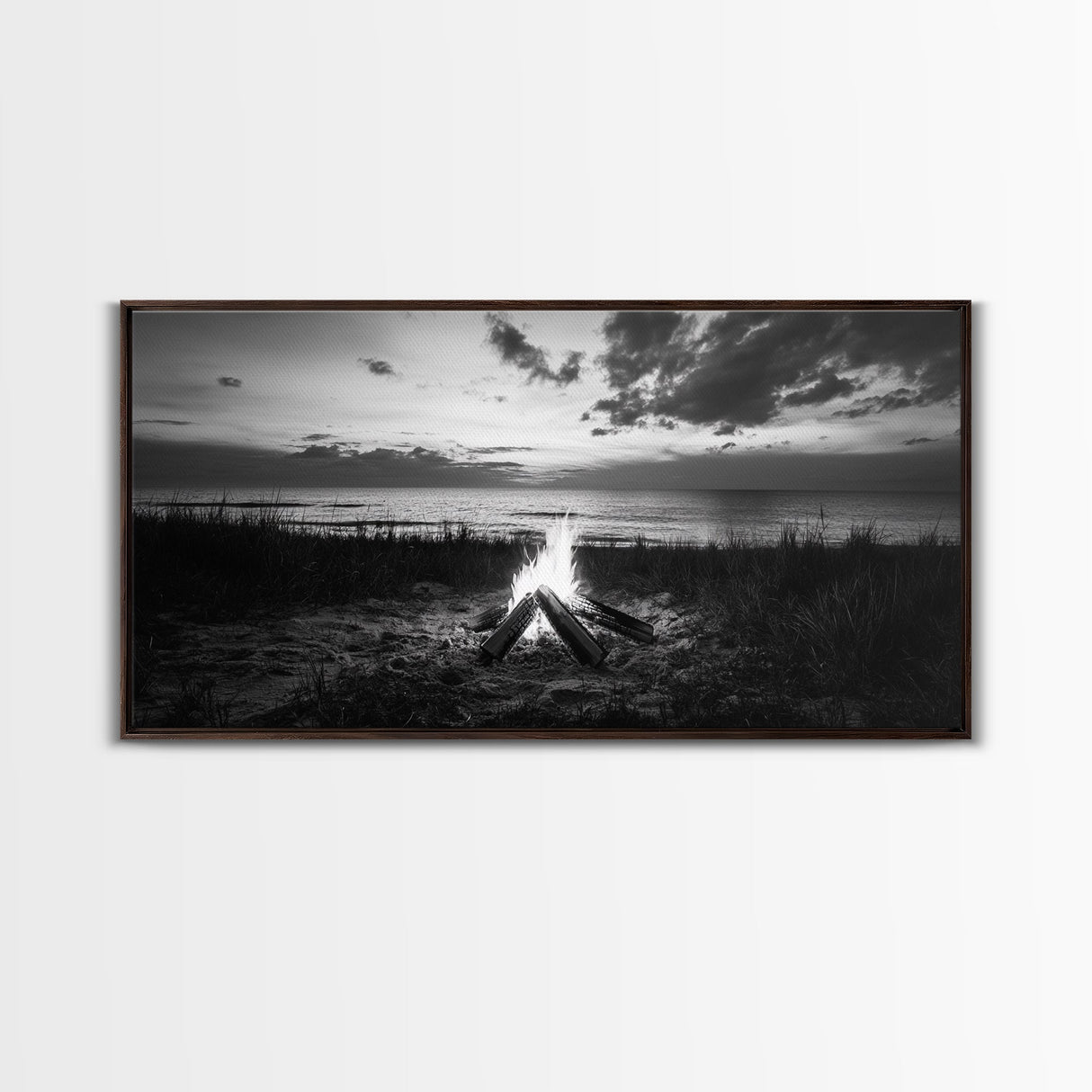 Beach Bonfire, coastal decor, nautical wall art, seascape painting, moody art, rustic wall art, dark romance painting, Canvas Print