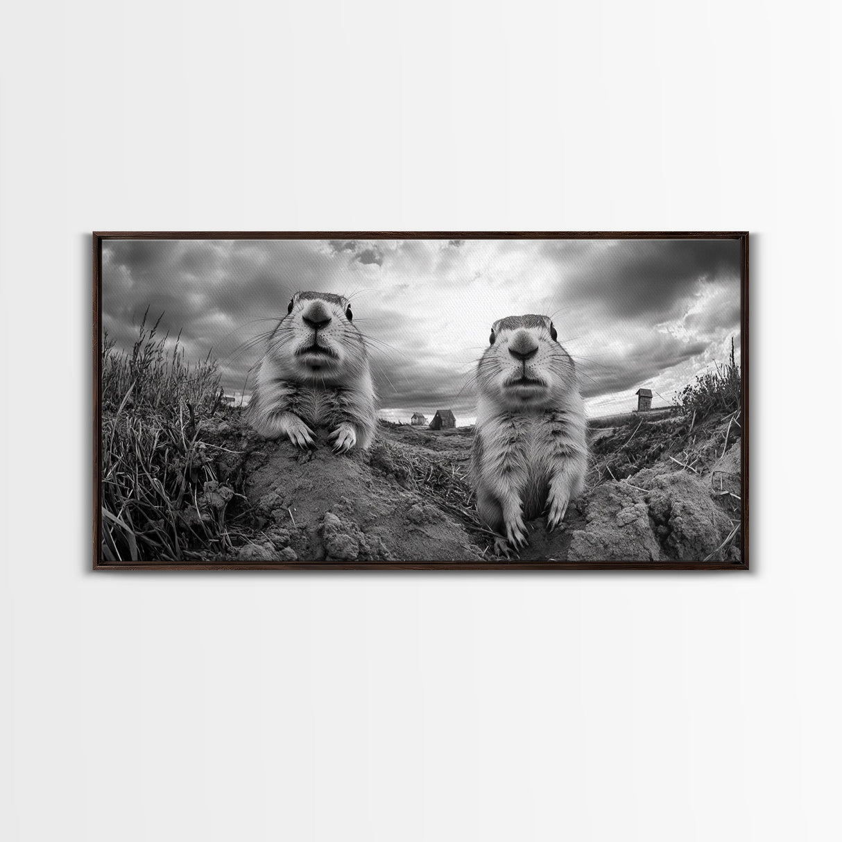 Prairie dogs, whimsical art, rustic wall art, farmhouse art, nature painting, extra wide art, above couch art, framed canvas print
