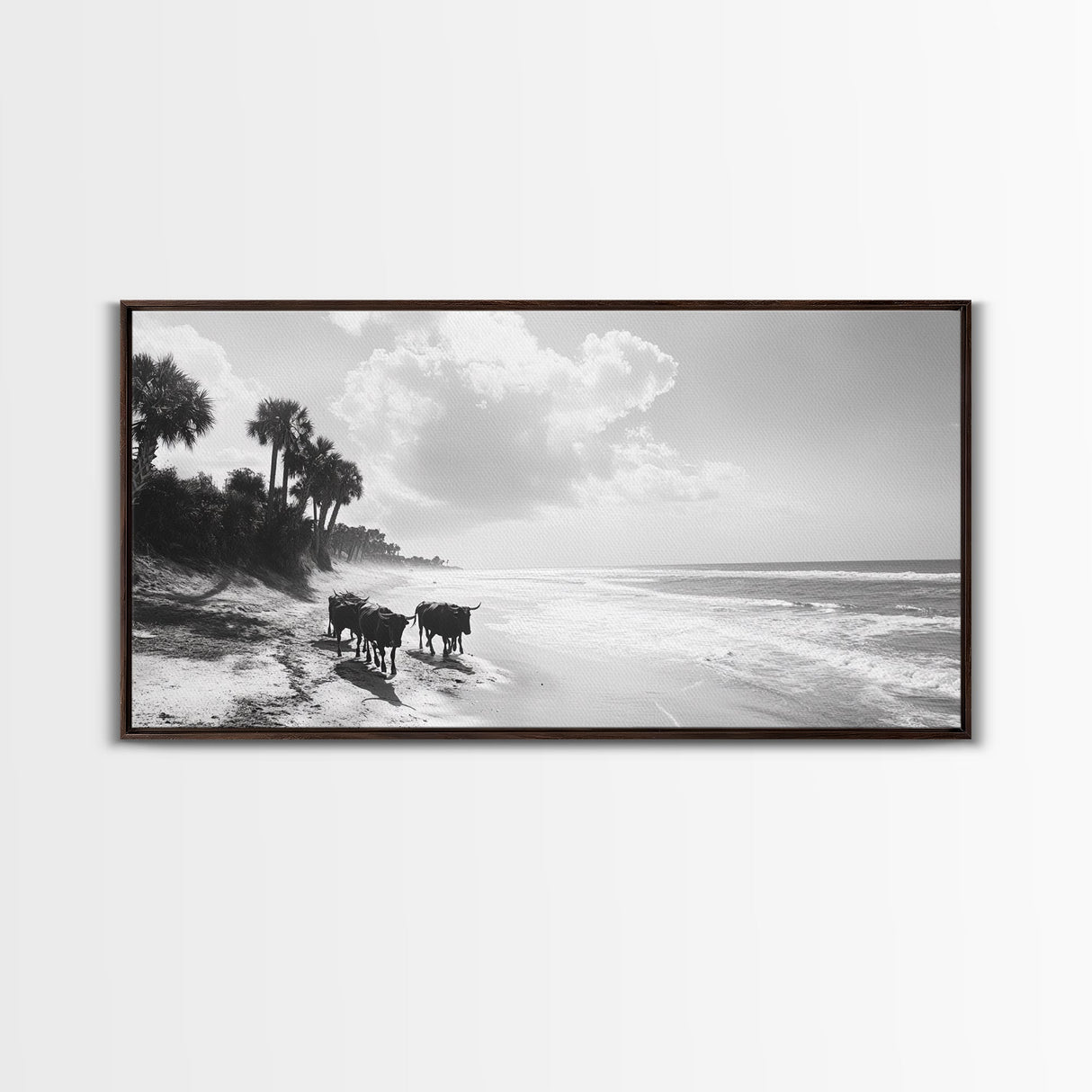 Cattle on beach, coastal cowgirl wall art, rustic decor, farmhouse art, landscape painting, panoramic painting, extra wide art, framed canvas print