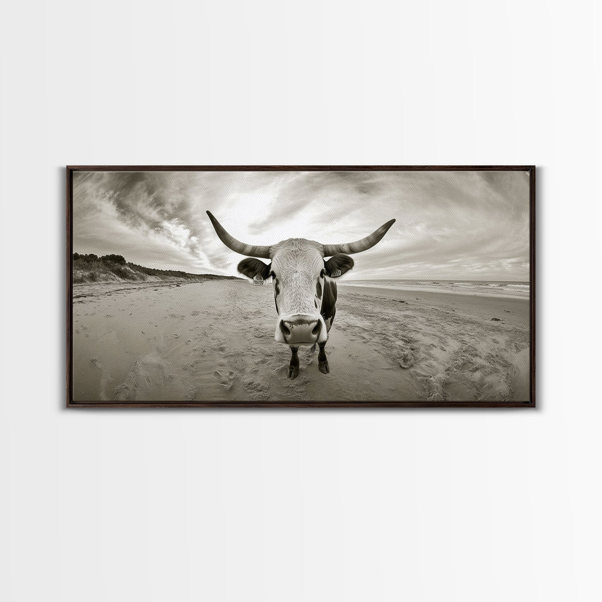 Longhorn, beach, western decor, rustic art, farmhouse art, extra wide art, above sofa art, panoramic painting, framed canvas print