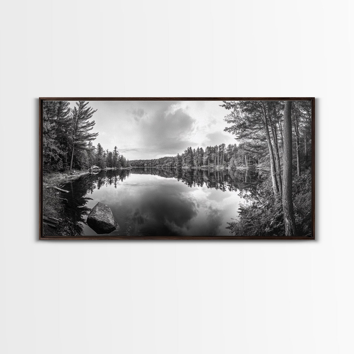 Lake reflection, pine tree art, landscape painting, wabi sabi art, rustic decor, panoramic painting, extra wide art, framed canvas print