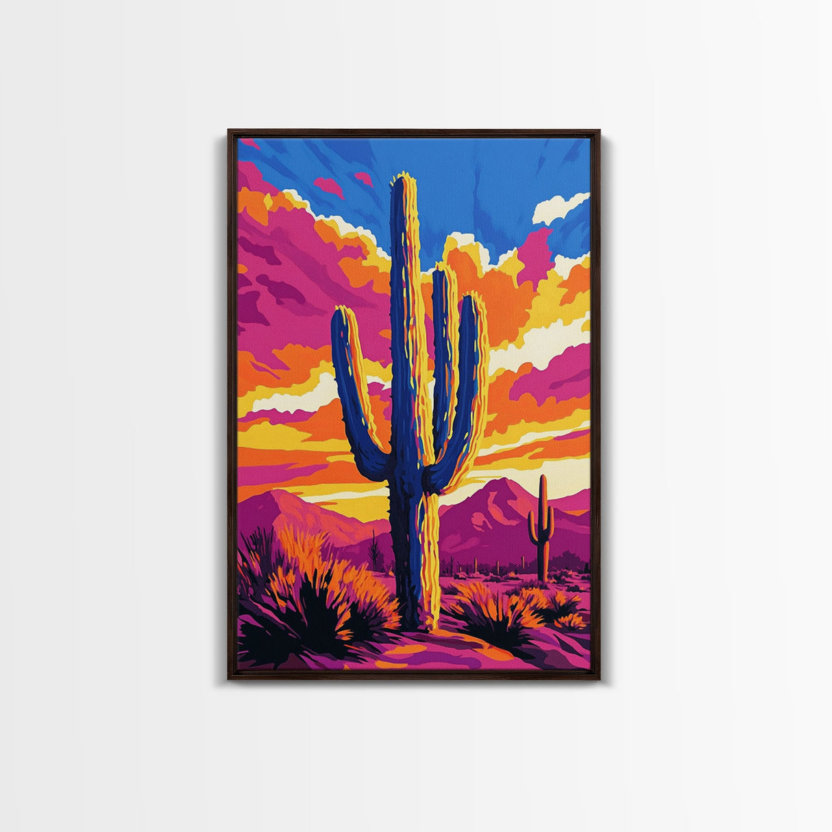 Southwest Cactus Art, Desert Wall Decor, Pink Orange Wall Art, Bold Sunset Art, Framed Canvas Print, Gift Idea, Rustic Wall Art