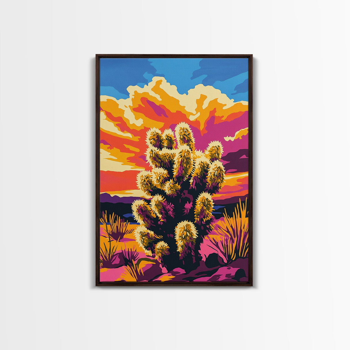 Sunset Cactus, Joshua tree art, pink orange wall art, southwest wall art, gift idea for him, extra wide art, bold colors, Framed Canvas Print