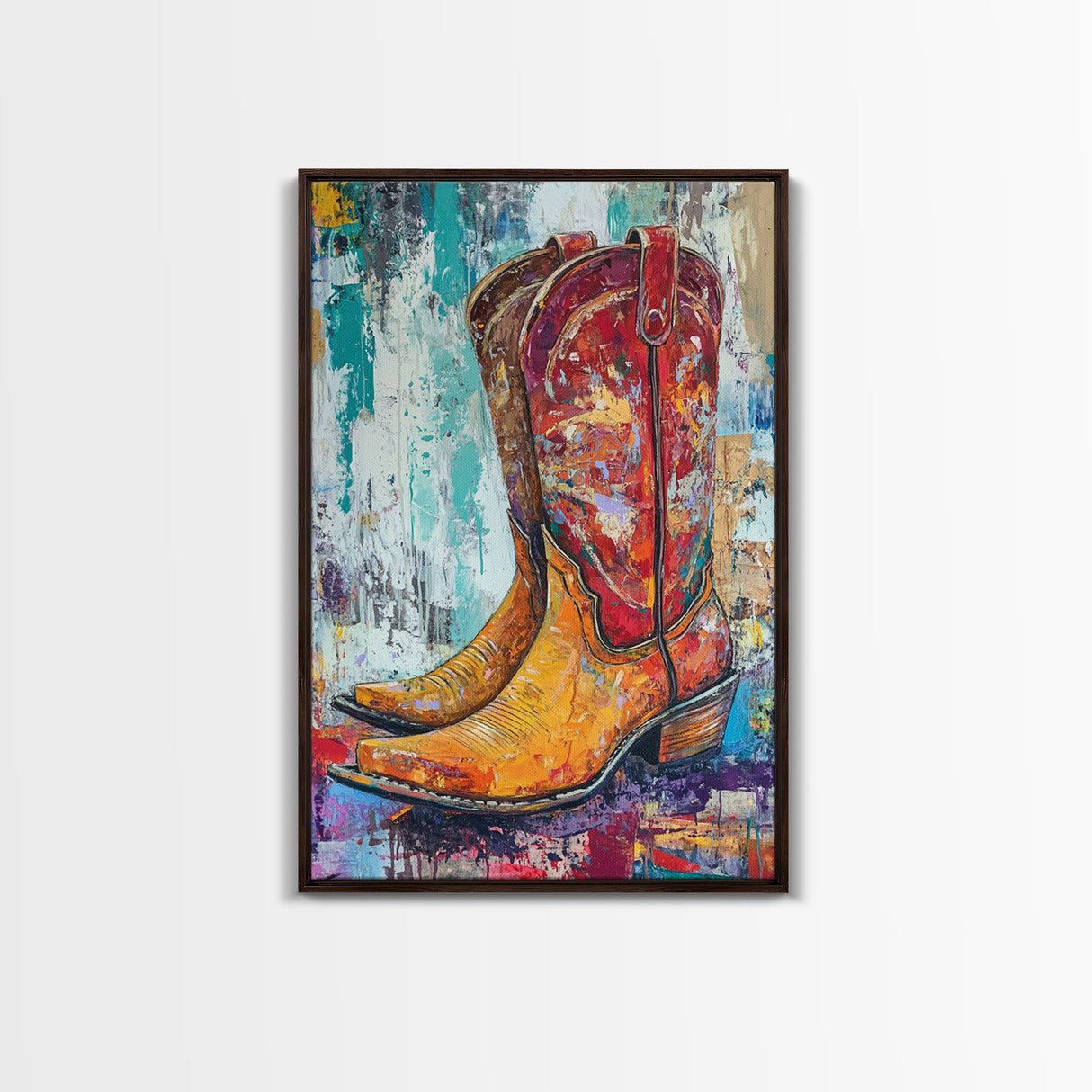 Western Boots, rustic wall art, abstract art, cowboy painting, farmhouse art, bold textured art, framed canvas print, vintage gift idea