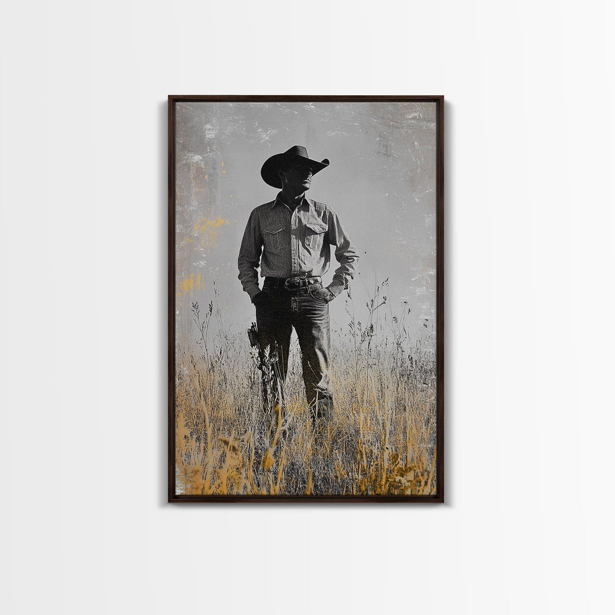 Lone Cowboy, Rustic Art, Western Wall Art, Wabi Sabi Art, Vintage Horse Art, Moody Art, Canvas Print, Framed Cowboy Painting