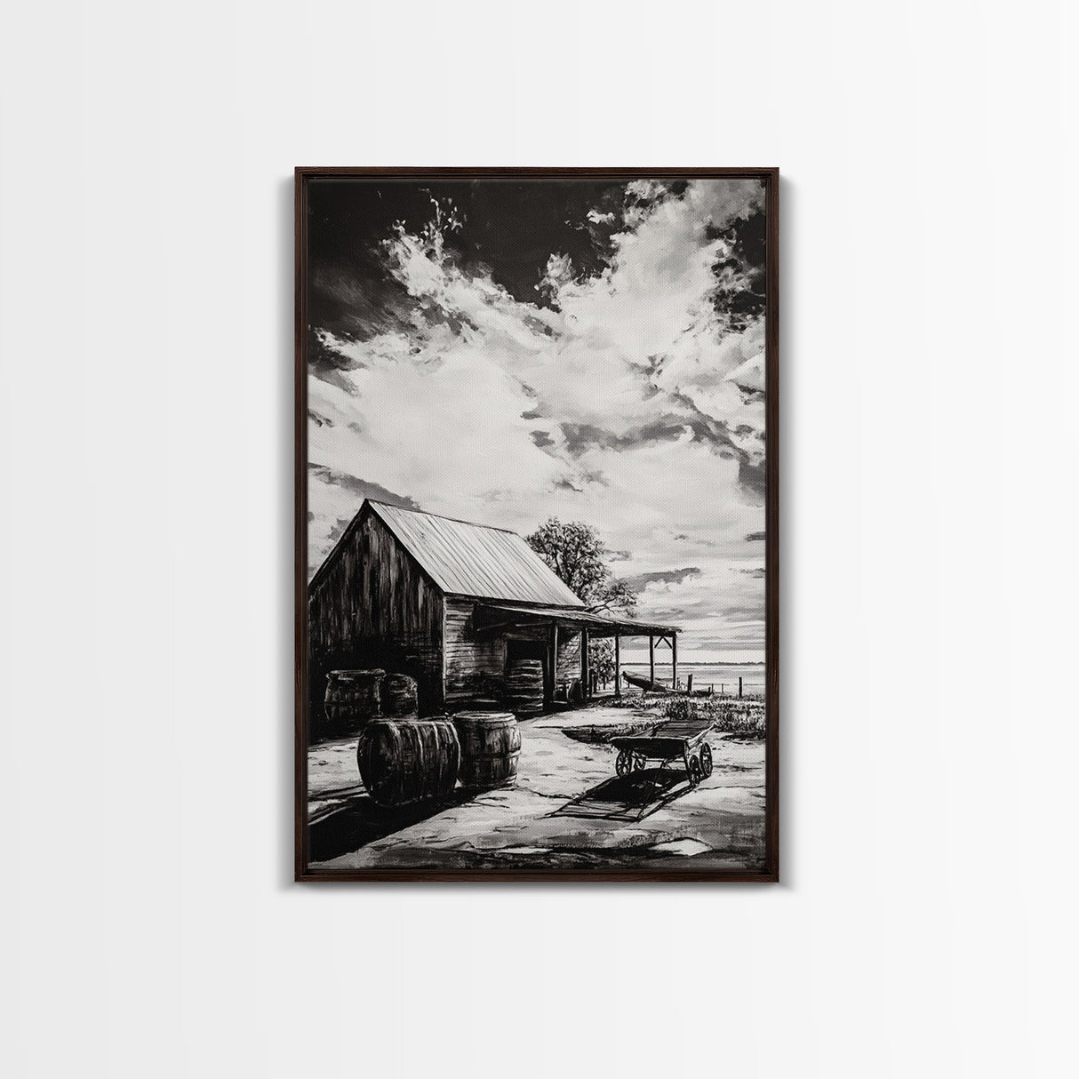 Vintage Barn, Rustic Landscape, Canvas Print, farmhouse art, rustic wall art, barn landscape oil painting, moody art, above couch art, wabi sabi art