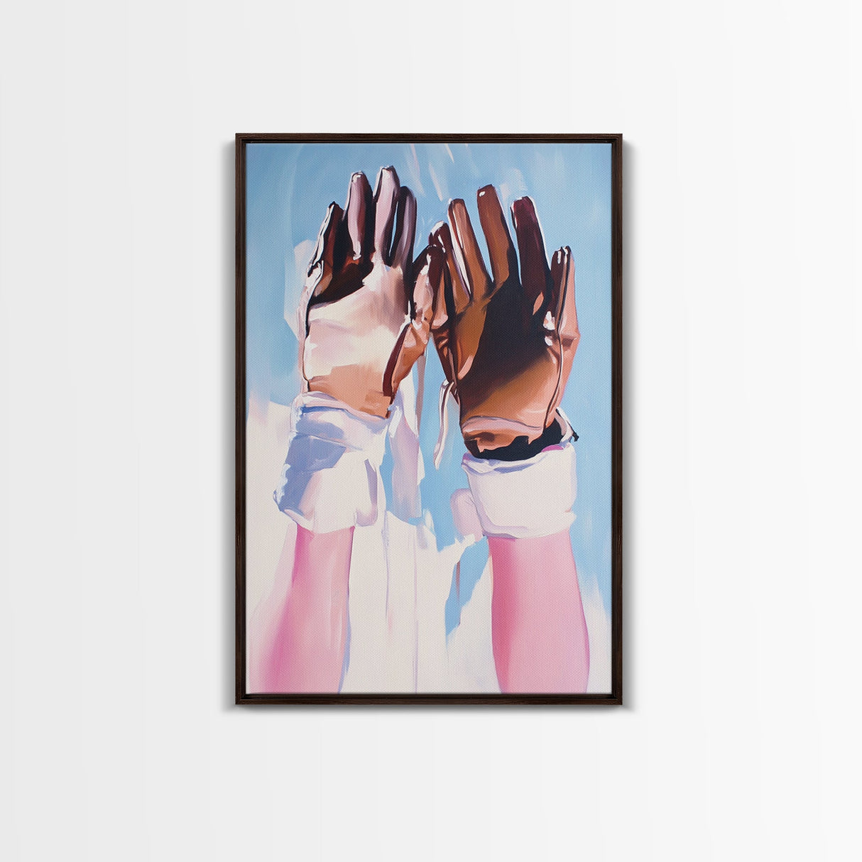 Leather Gloves Up, rustic wall art, cowboy art, boho art, wabi sabi art, warm neutral painting, above sofa art, Framed Canvas Print