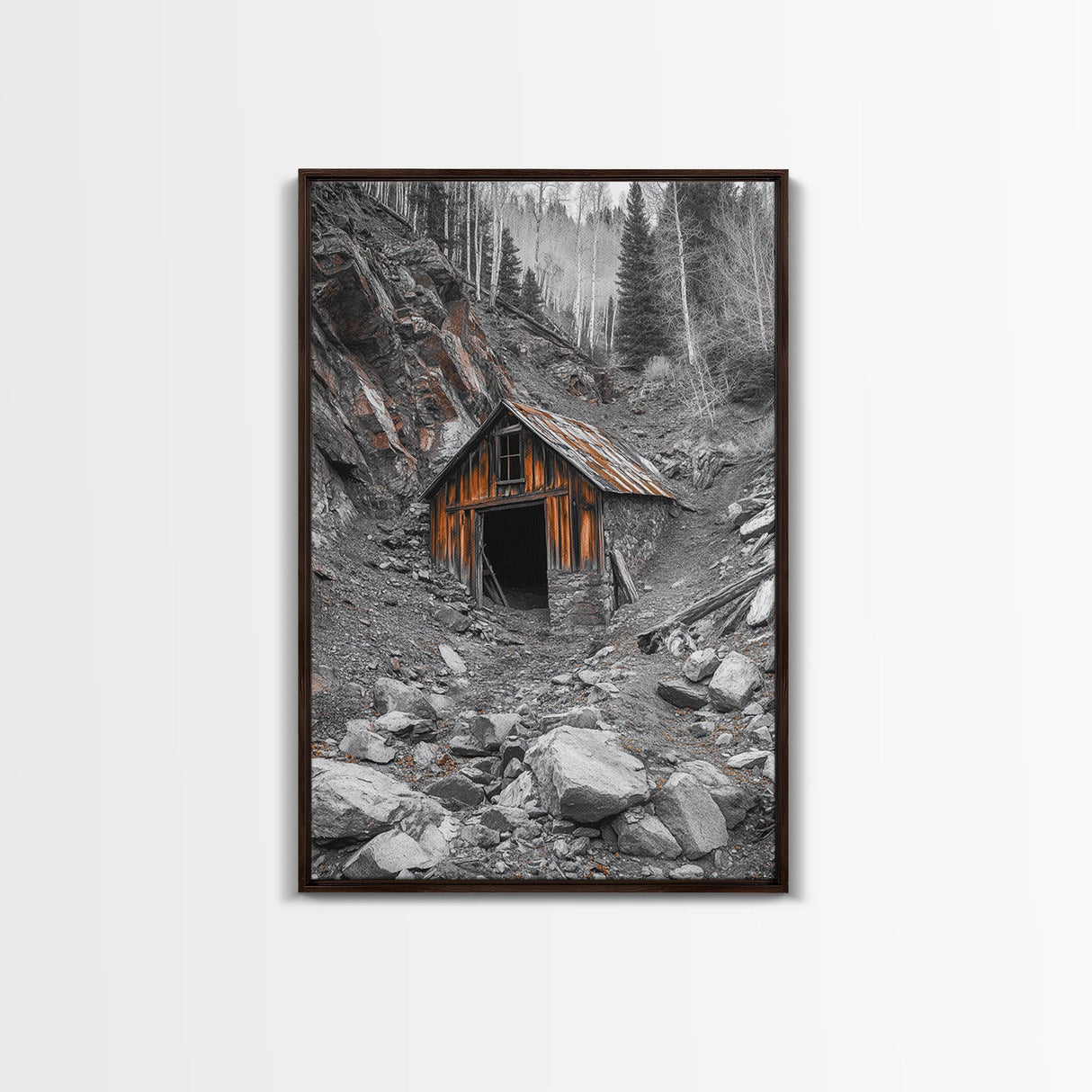 Cabin in the Woods, Rustic Barn Art, Wabi Sabi Wall Art, Moody Nature Art, Farmhouse Wall Art, Gift Idea, Framed Canvas Print, Boho Art