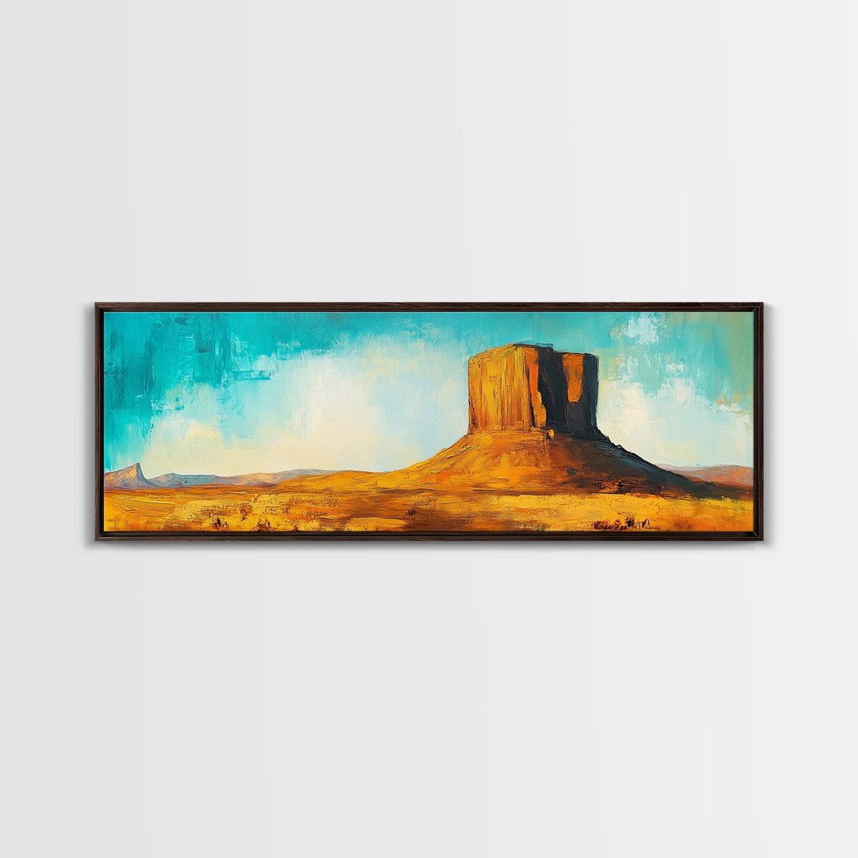 Monument Valley, southwest wall art, mountain painting, rustic wall art, blue and green wall art, extra wide art, Canvas Print