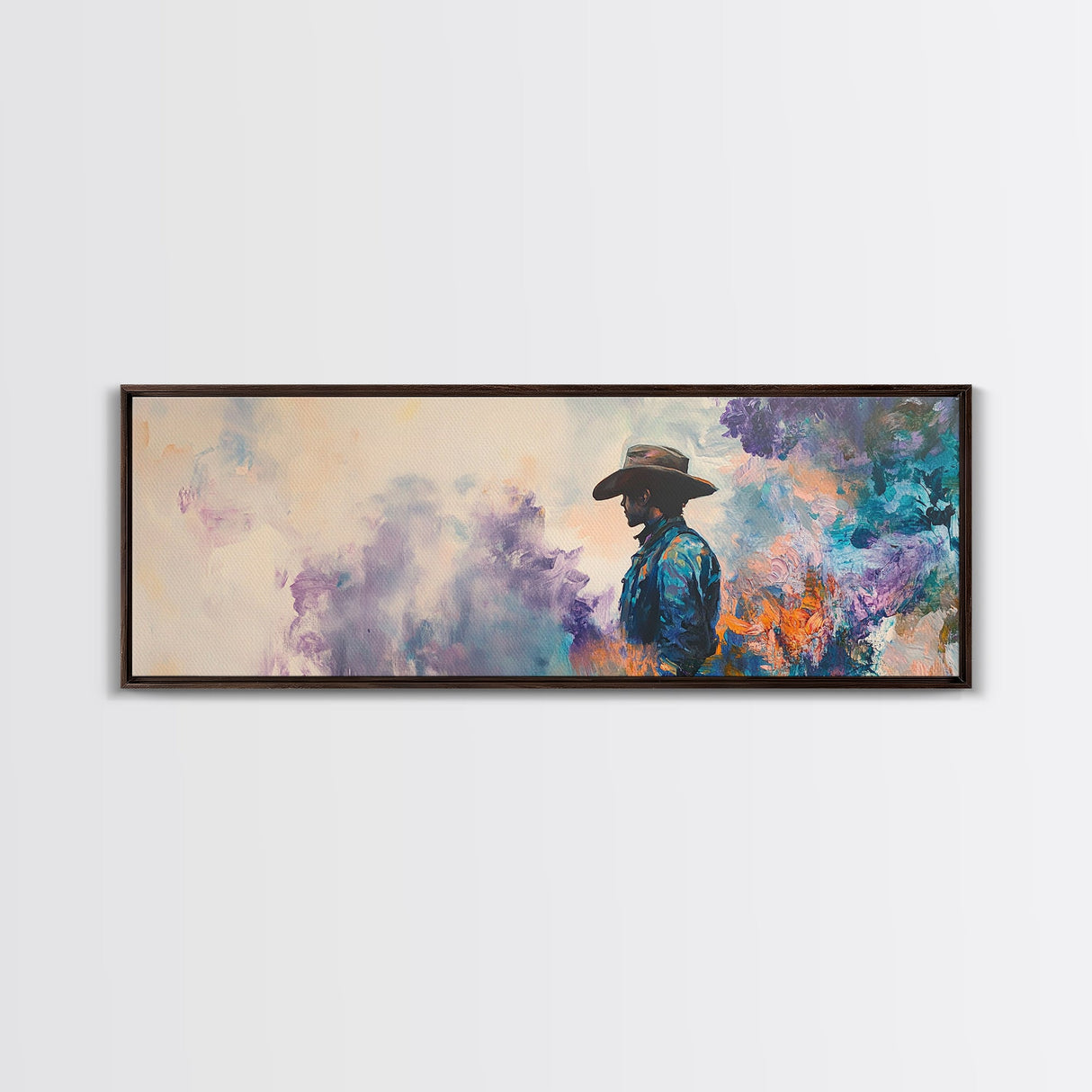 Lone Cowboy Painting, Panoramic Art, Rustic Decor, Framed Canvas Print, Blue and Green Wall Art, Moody Art, Southwest Wall Art