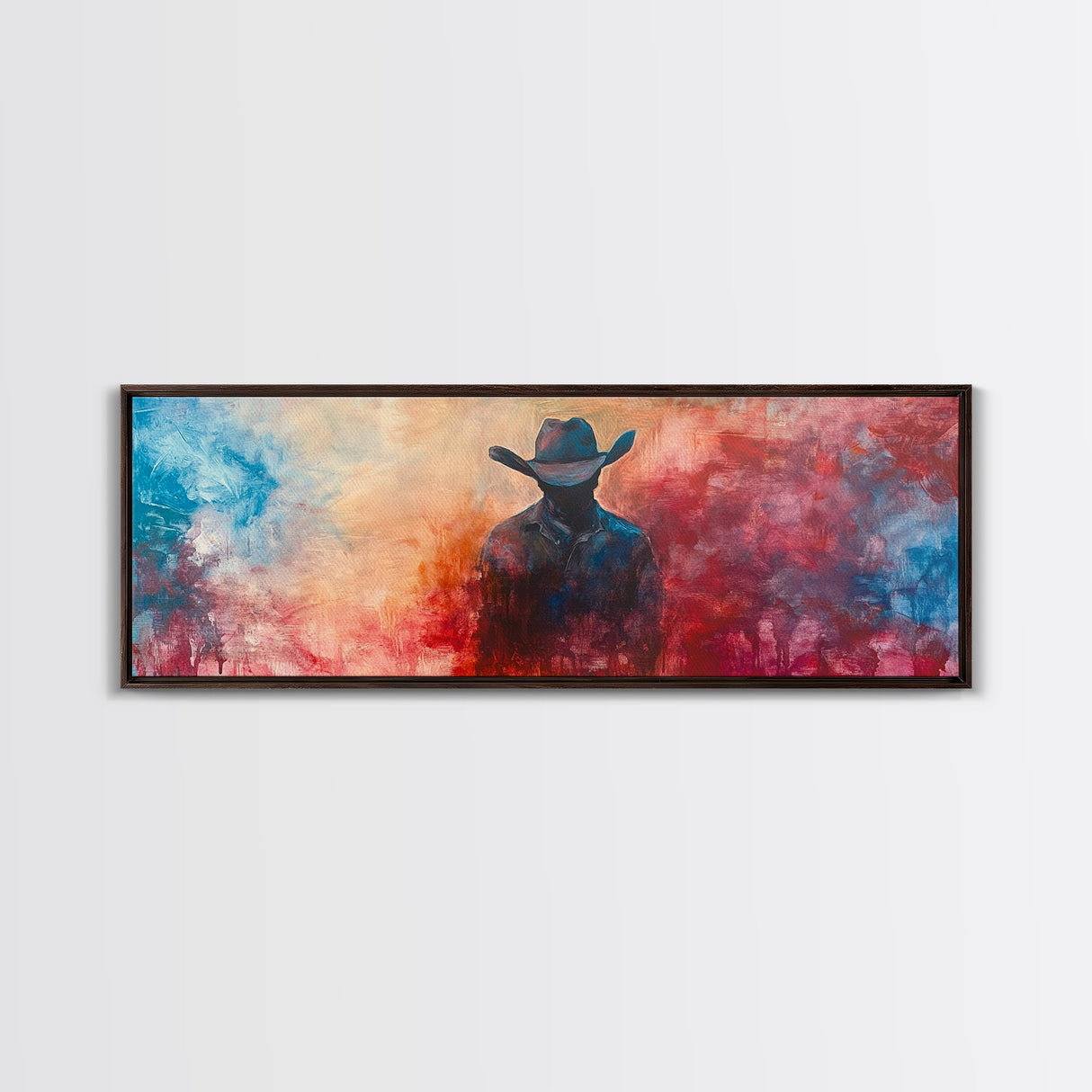 Moody Cowboy Art, dark romance painting, rustic wall art, southwest wall art, extra wide art, framed canvas print, panoramic painting