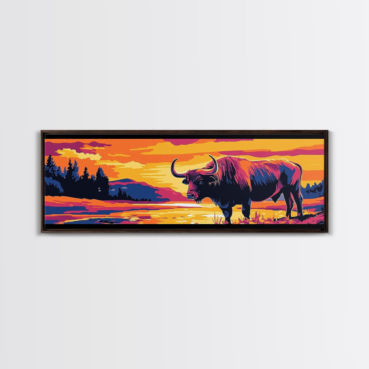 Buffalo painting, colorful animal art, rustic decor, extra wide art, framed canvas print, southwest wall art, landscape painting, wild west art