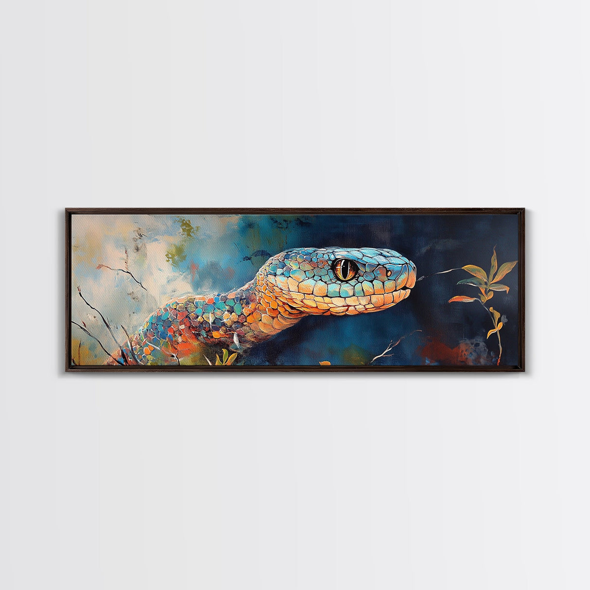Vibrant Snake Painting, reptile wall art, wildlife decor, moody art, sacred geometry wall art, framed canvas print, extra wide art
